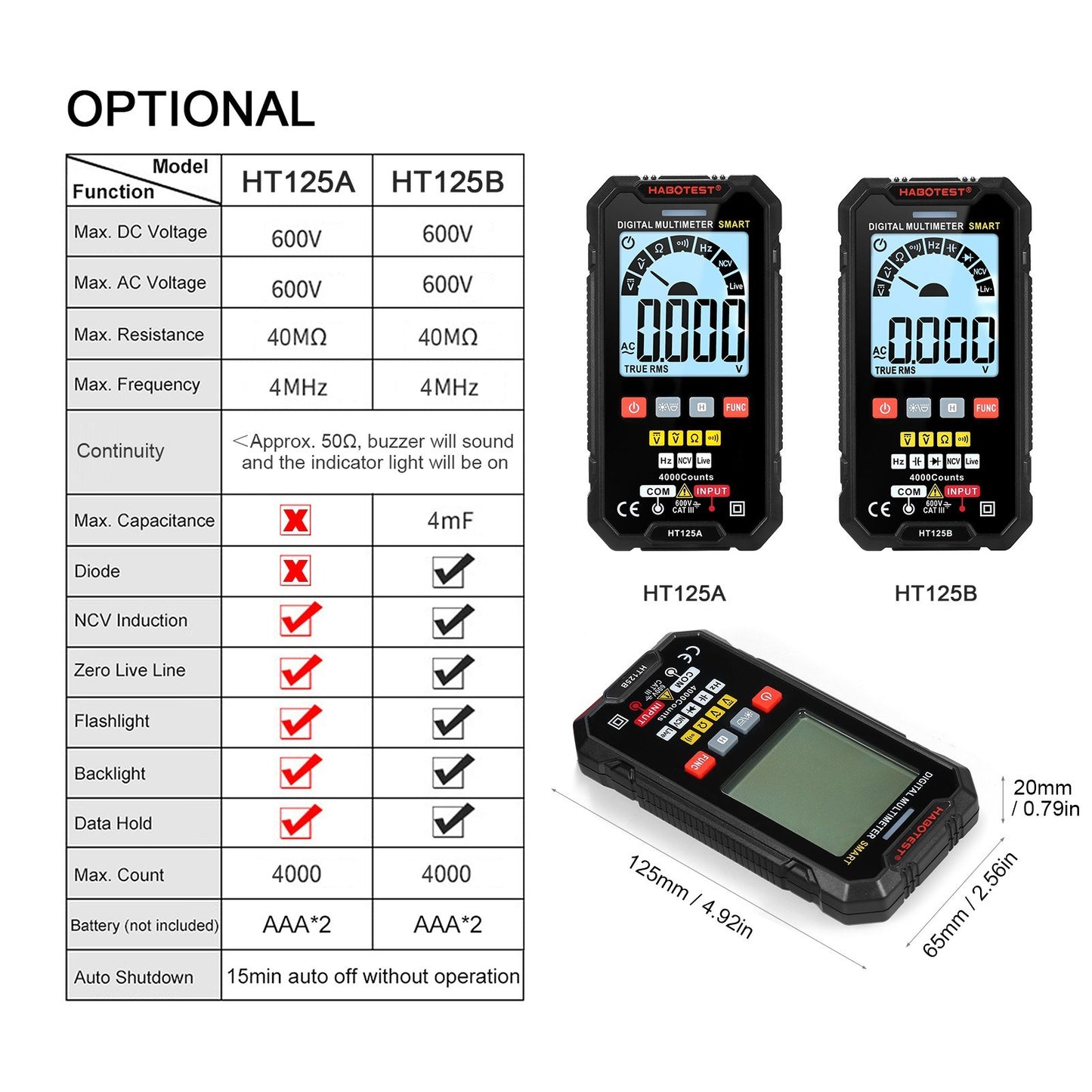 HABOTEST HT125A Smart Digital Multimeter, 4000 Counts True RMS, Auto Ranging Voltmeter, Backlit LCD, 600V AC/DC, Electric Test Pen with LED Flashlight, Multifunction Resistance, Continuity & Frequency Tester