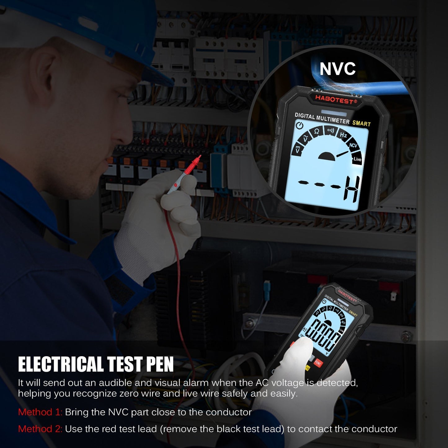 HABOTEST HT125A Smart Digital Multimeter, 4000 Counts True RMS, Auto Ranging Voltmeter, Backlit LCD, 600V AC/DC, Electric Test Pen with LED Flashlight, Multifunction Resistance, Continuity & Frequency Tester