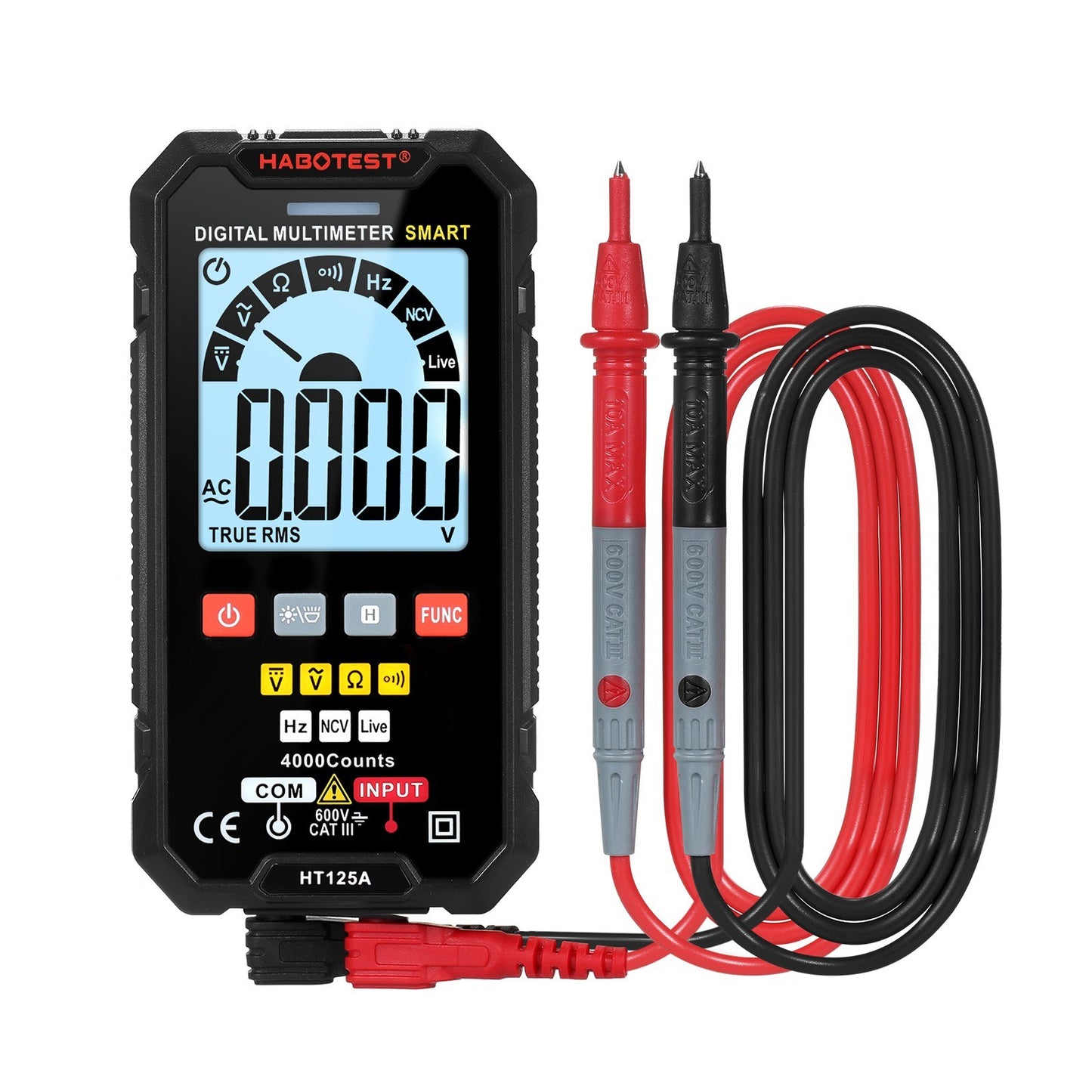 HABOTEST HT125A Smart Digital Multimeter, 4000 Counts True RMS, Auto Ranging Voltmeter, Backlit LCD, 600V AC/DC, Electric Test Pen with LED Flashlight, Multifunction Resistance, Continuity & Frequency Tester