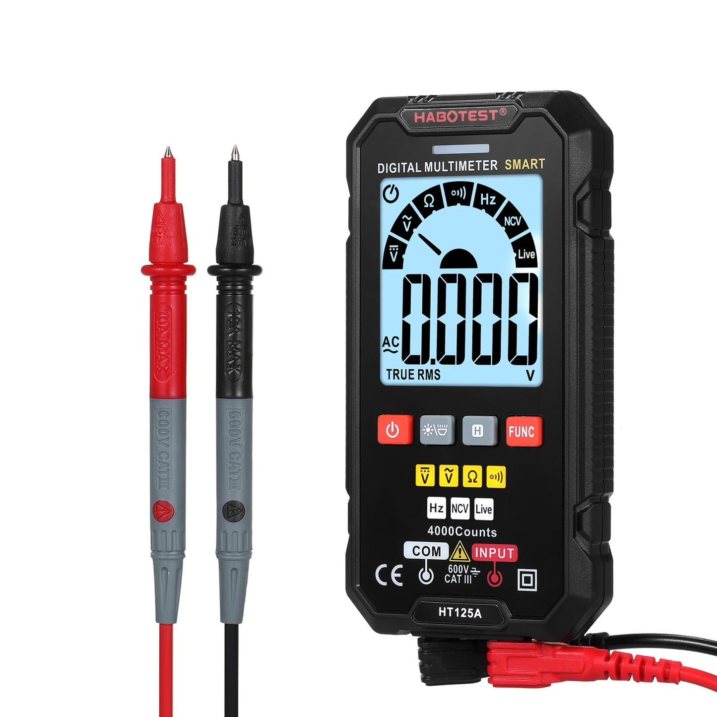 HABOTEST HT125A Smart Digital Multimeter, 4000 Counts True RMS, Auto Ranging Voltmeter, Backlit LCD, 600V AC/DC, Electric Test Pen with LED Flashlight, Multifunction Resistance, Continuity & Frequency Tester