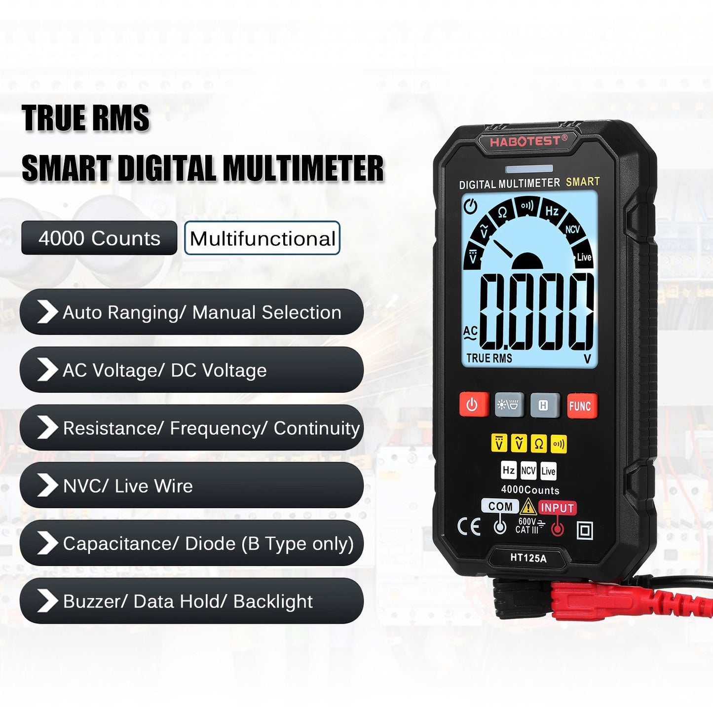 HABOTEST HT125A Smart Digital Multimeter, 4000 Counts True RMS, Auto Ranging Voltmeter, Backlit LCD, 600V AC/DC, Electric Test Pen with LED Flashlight, Multifunction Resistance, Continuity & Frequency Tester
