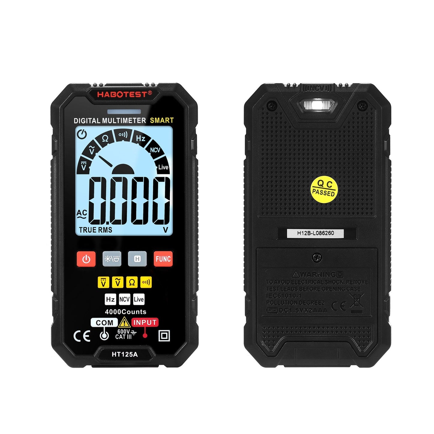 HABOTEST HT125A Smart Digital Multimeter, 4000 Counts True RMS, Auto Ranging Voltmeter, Backlit LCD, 600V AC/DC, Electric Test Pen with LED Flashlight, Multifunction Resistance, Continuity & Frequency Tester