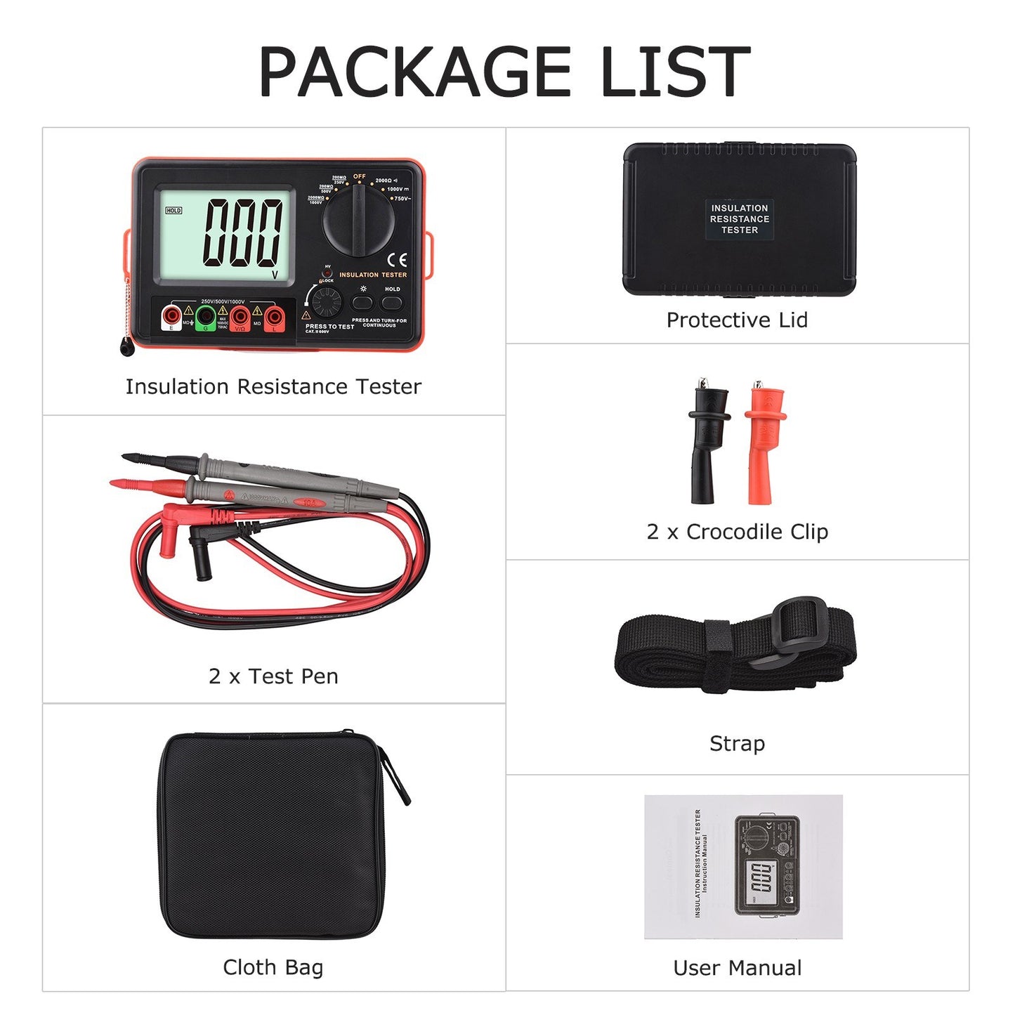 Multifunction Digital Insulation Resistance Tester 250V/500V/1000V with LCD Backlight, Protective Lid & Carry Bag
