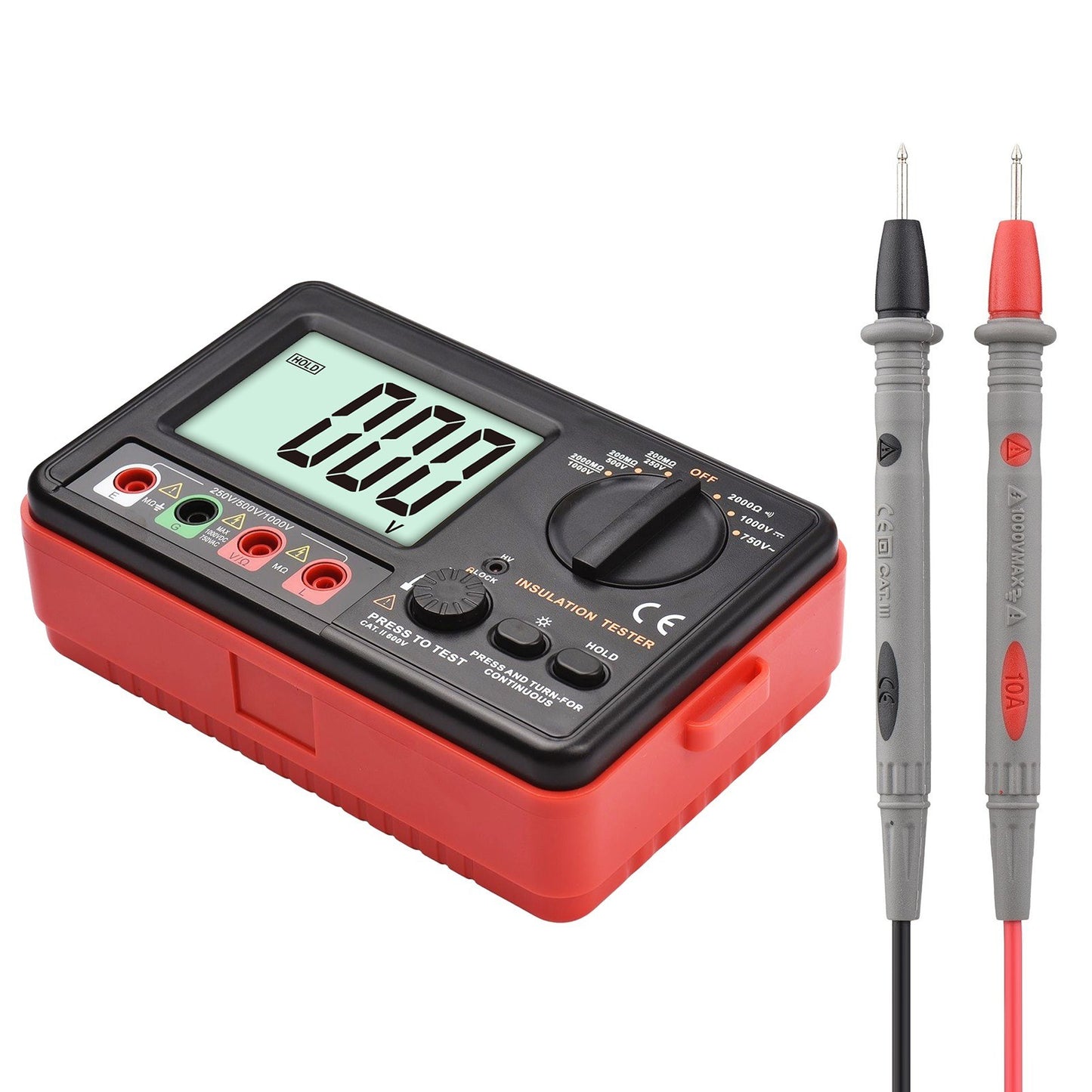 Multifunction Digital Insulation Resistance Tester 250V/500V/1000V with LCD Backlight, Protective Lid & Carry Bag