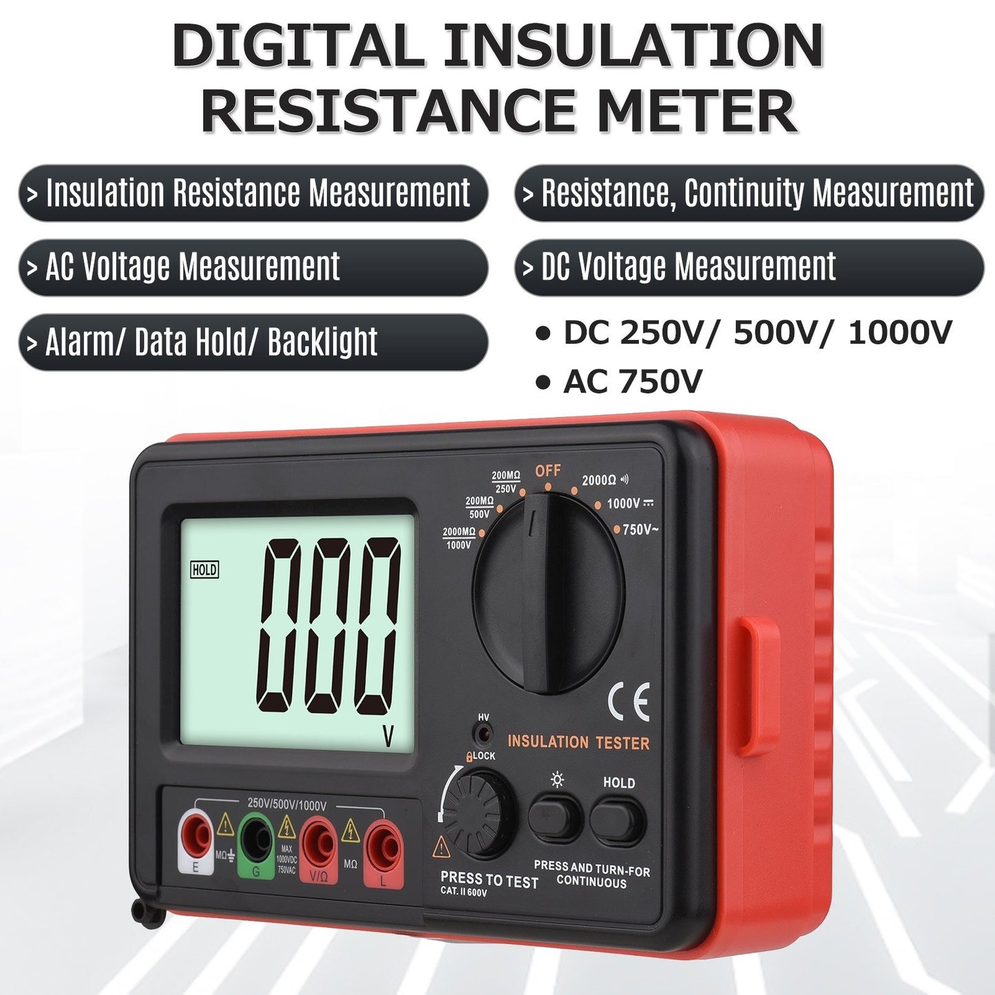 Multifunction Digital Insulation Resistance Tester 250V/500V/1000V with LCD Backlight, Protective Lid & Carry Bag