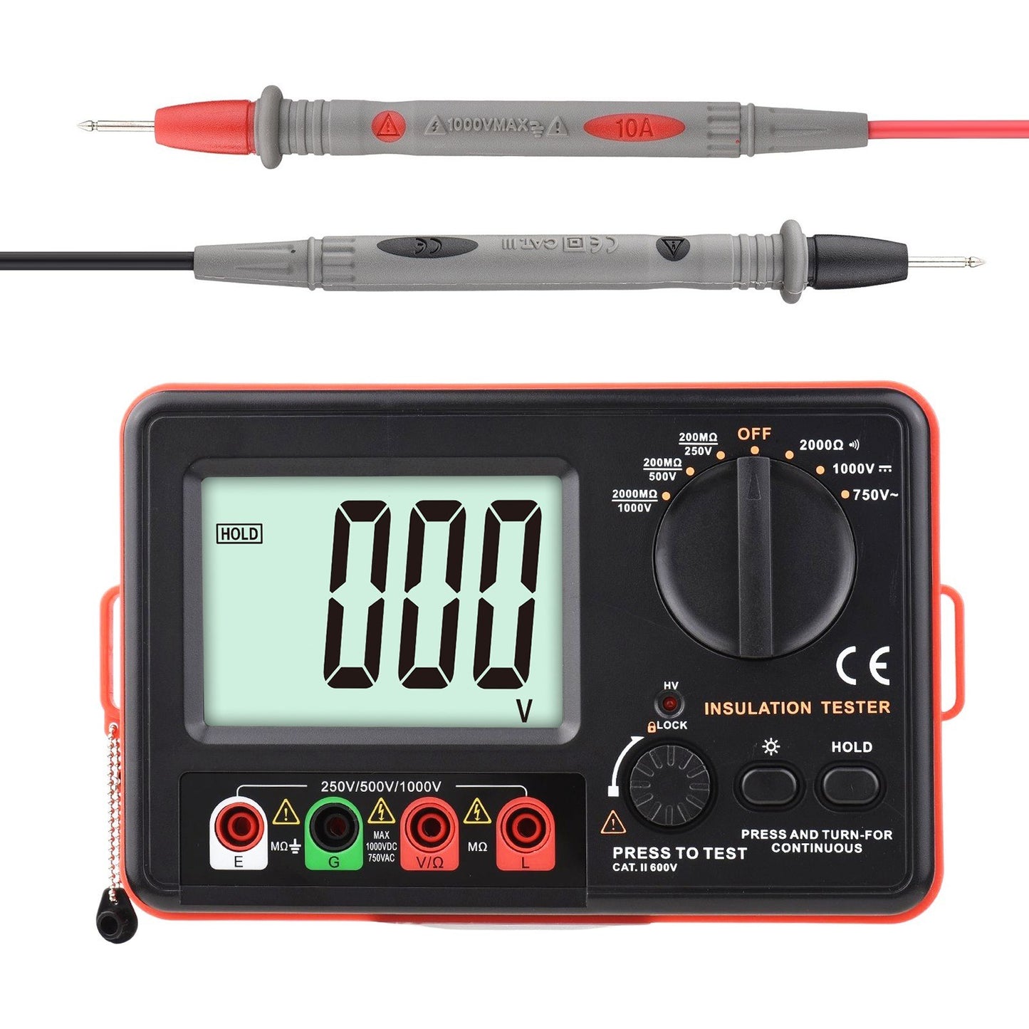 Multifunction Digital Insulation Resistance Tester 250V/500V/1000V with LCD Backlight, Protective Lid & Carry Bag