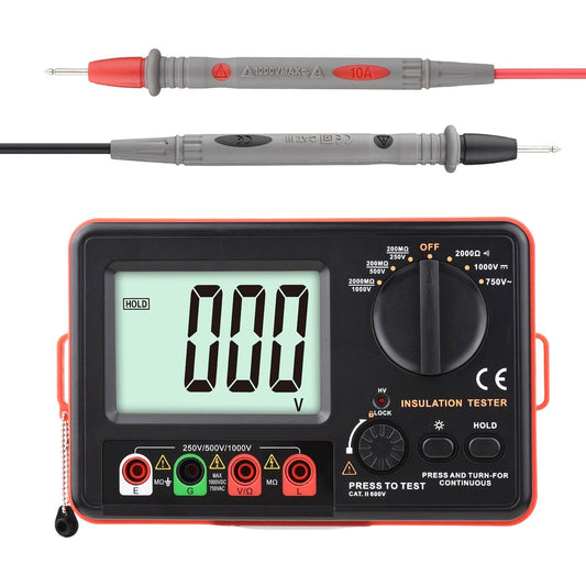 Multifunction Digital Insulation Resistance Tester 250V/500V/1000V with LCD Backlight, Protective Lid & Carry Bag