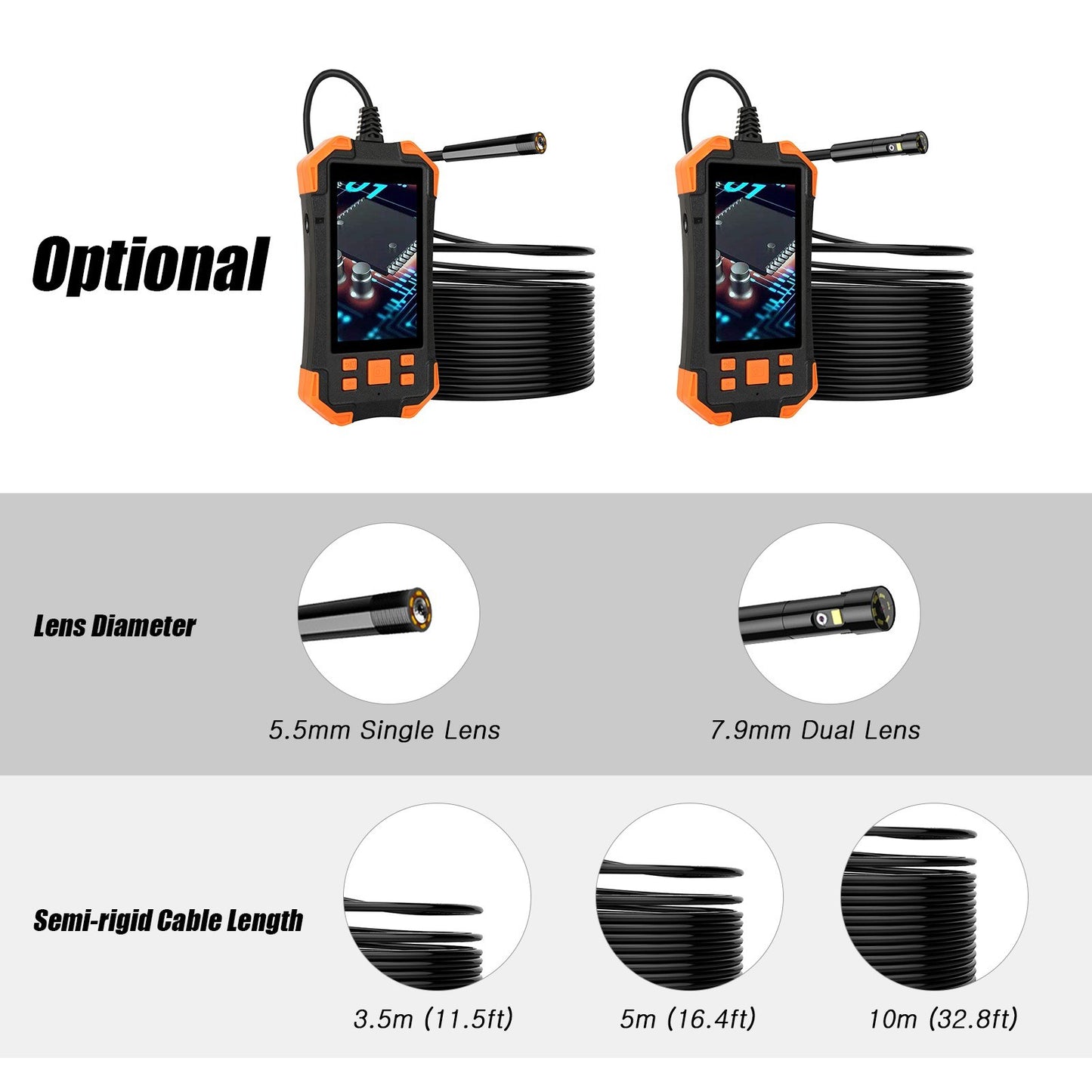 4.3 Inch 1080P Industrial Endoscope - 5.5mm Lens, Semi-Rigid Cable, IP67 Waterproof, LED Light, TF Card Slot - Ideal for Auto Repair & Pipeline Inspection
