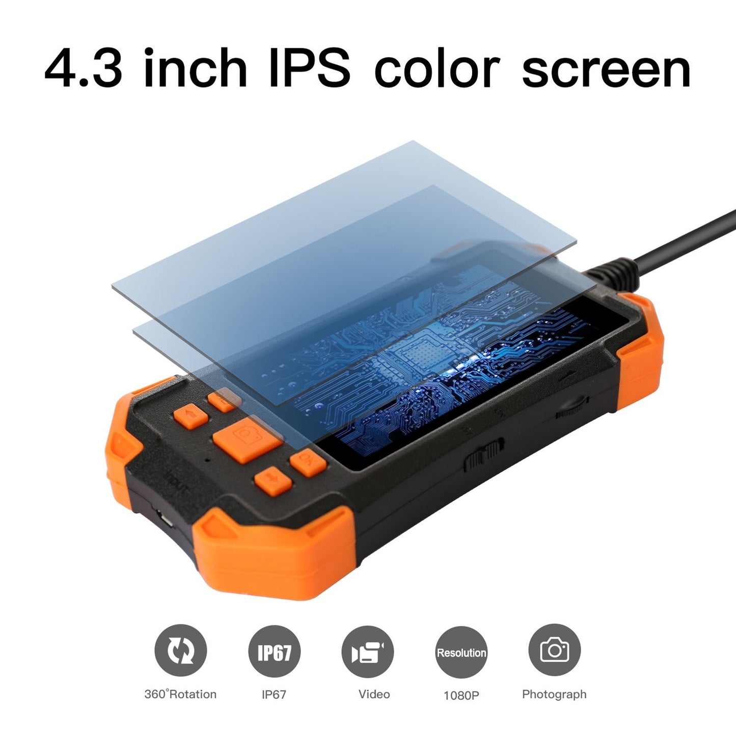 4.3 Inch 1080P Industrial Endoscope - 5.5mm Lens, Semi-Rigid Cable, IP67 Waterproof, LED Light, TF Card Slot - Ideal for Auto Repair & Pipeline Inspection