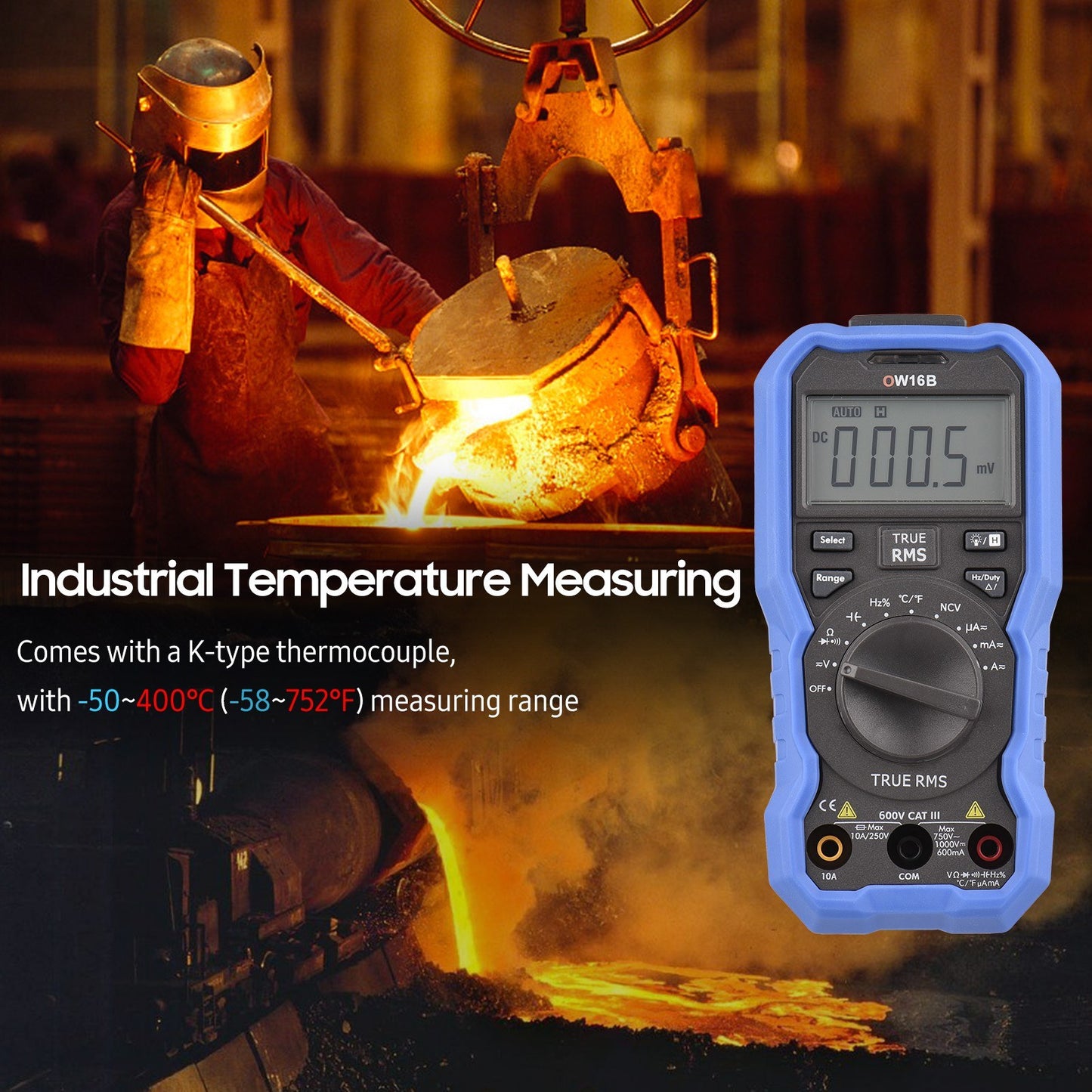 OWON OW16B Bluetooth Digital Multimeter 5999 Counts True RMS Auto-ranging Tester with Backlight, NCV, Temperature, Voltage, Current, Capacitance, Resistance, Frequency, Diode, Continuity