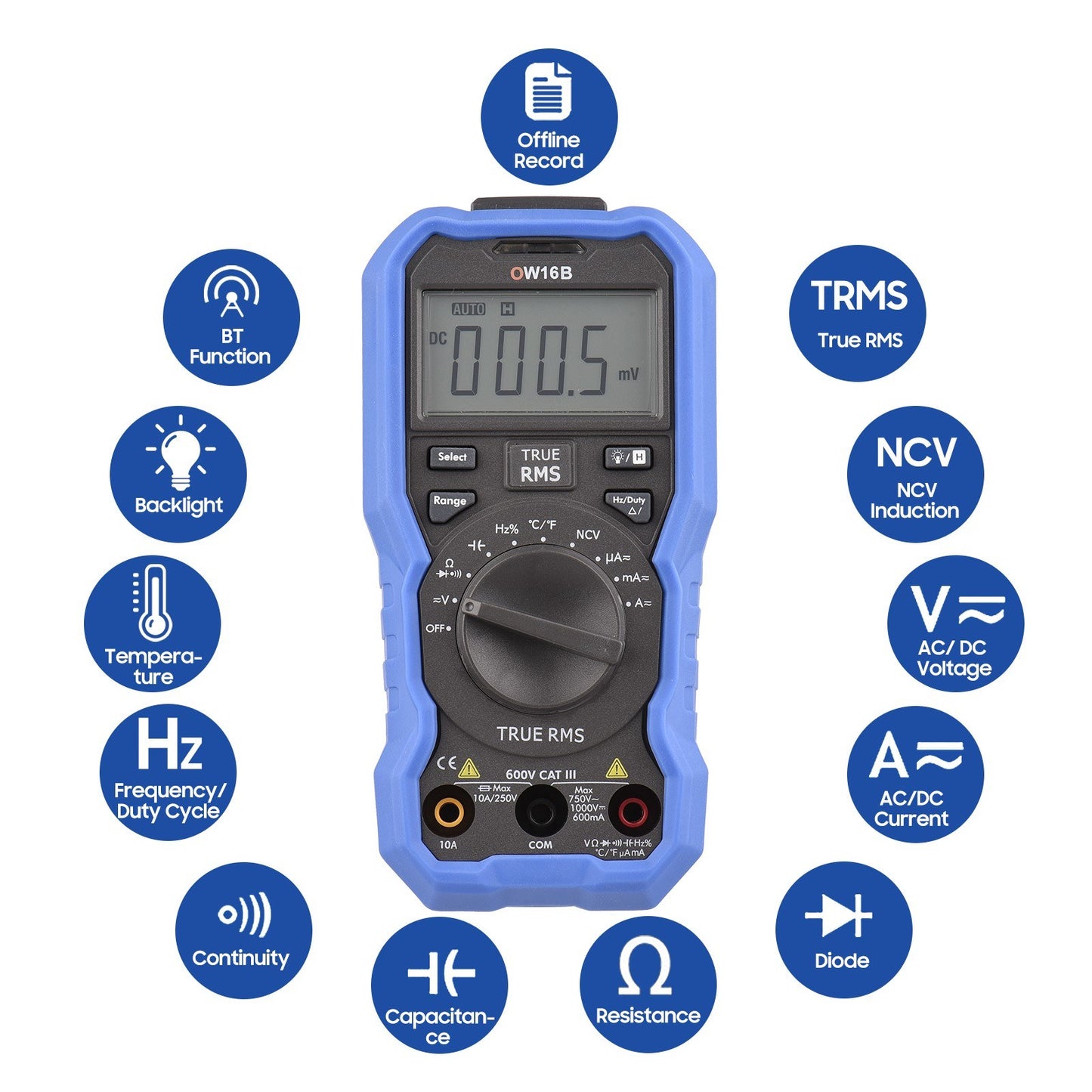 OWON OW16B Bluetooth Digital Multimeter 5999 Counts True RMS Auto-ranging Tester with Backlight, NCV, Temperature, Voltage, Current, Capacitance, Resistance, Frequency, Diode, Continuity