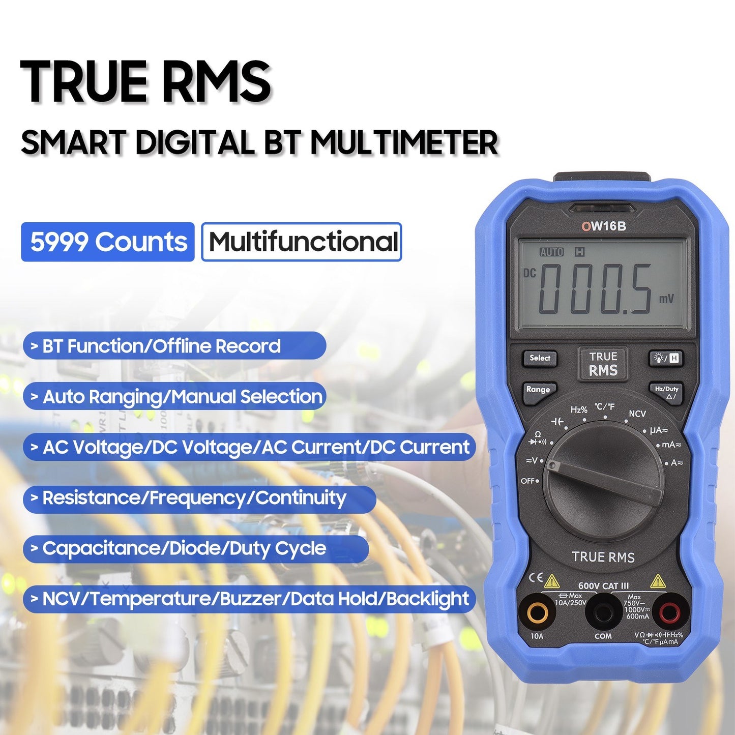 OWON OW16B Bluetooth Digital Multimeter 5999 Counts True RMS Auto-ranging Tester with Backlight, NCV, Temperature, Voltage, Current, Capacitance, Resistance, Frequency, Diode, Continuity