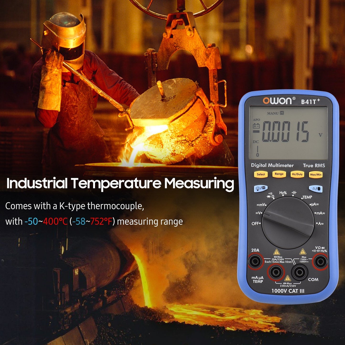 OWON B41T+ Digital Bluetooth Multimeter, 22000 Counts True RMS, Auto-ranging Electrical Tester with Backlit LCD, AC/DC Voltage & Current, Temperature, Continuity, Resistance, Frequency