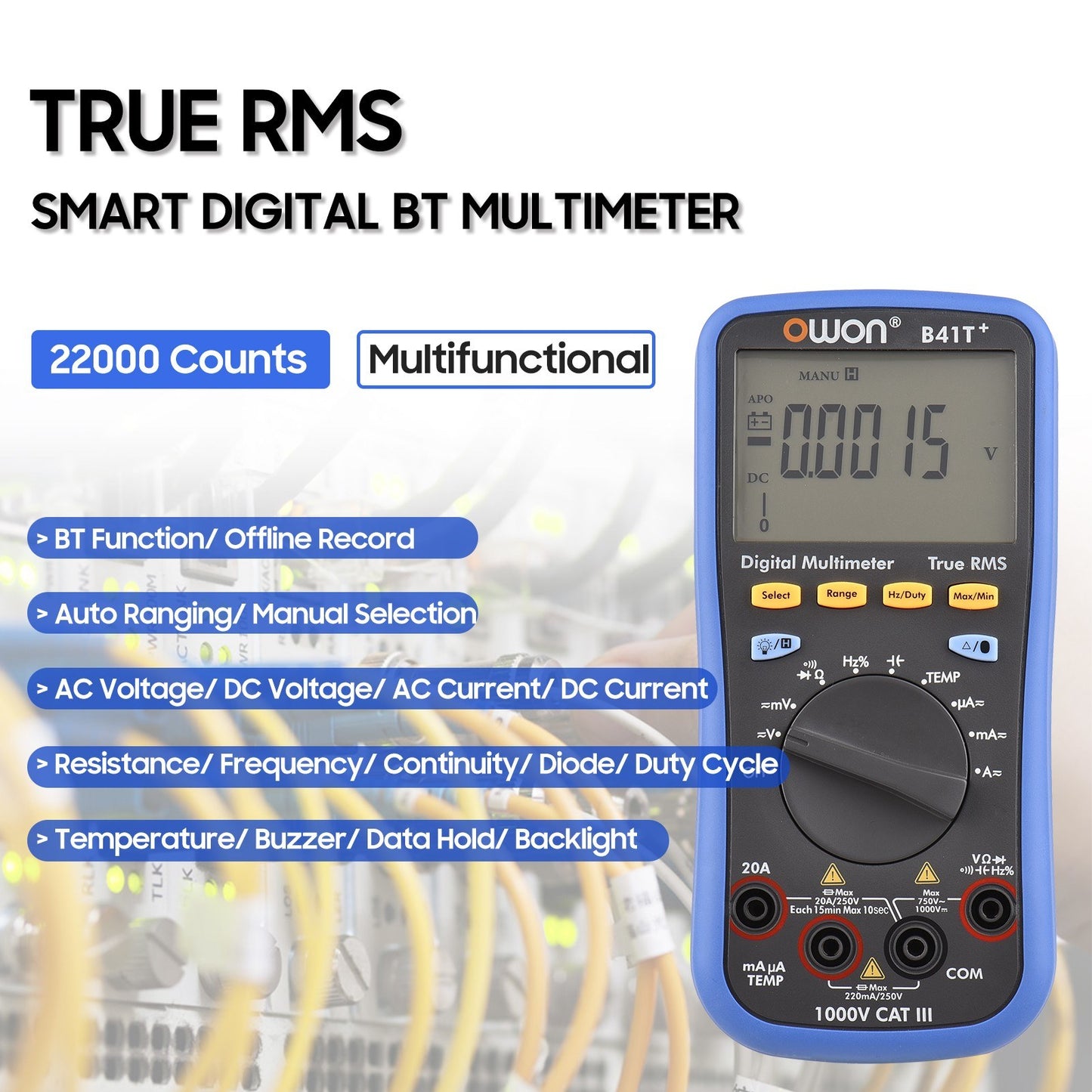 OWON B41T+ Digital Bluetooth Multimeter, 22000 Counts True RMS, Auto-ranging Electrical Tester with Backlit LCD, AC/DC Voltage & Current, Temperature, Continuity, Resistance, Frequency