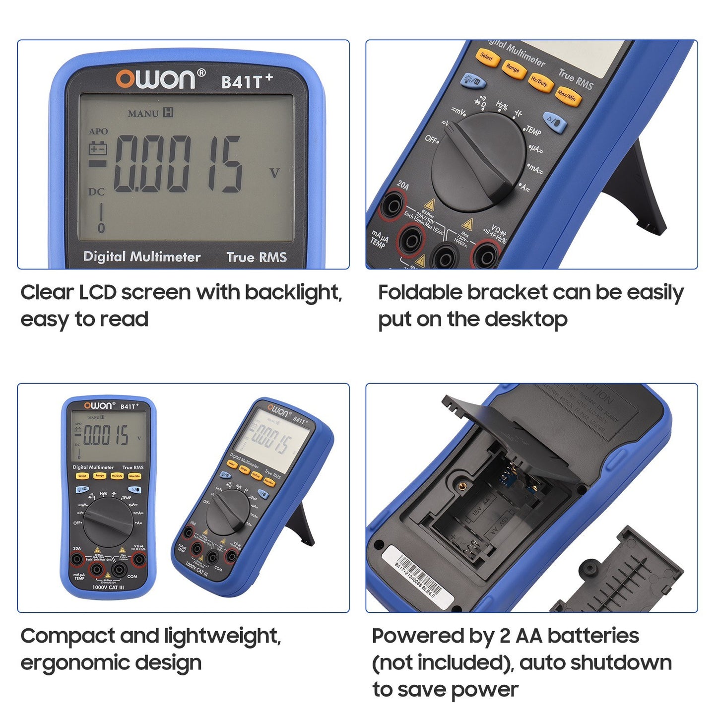 OWON B41T+ Digital Bluetooth Multimeter, 22000 Counts True RMS, Auto-ranging Electrical Tester with Backlit LCD, AC/DC Voltage & Current, Temperature, Continuity, Resistance, Frequency