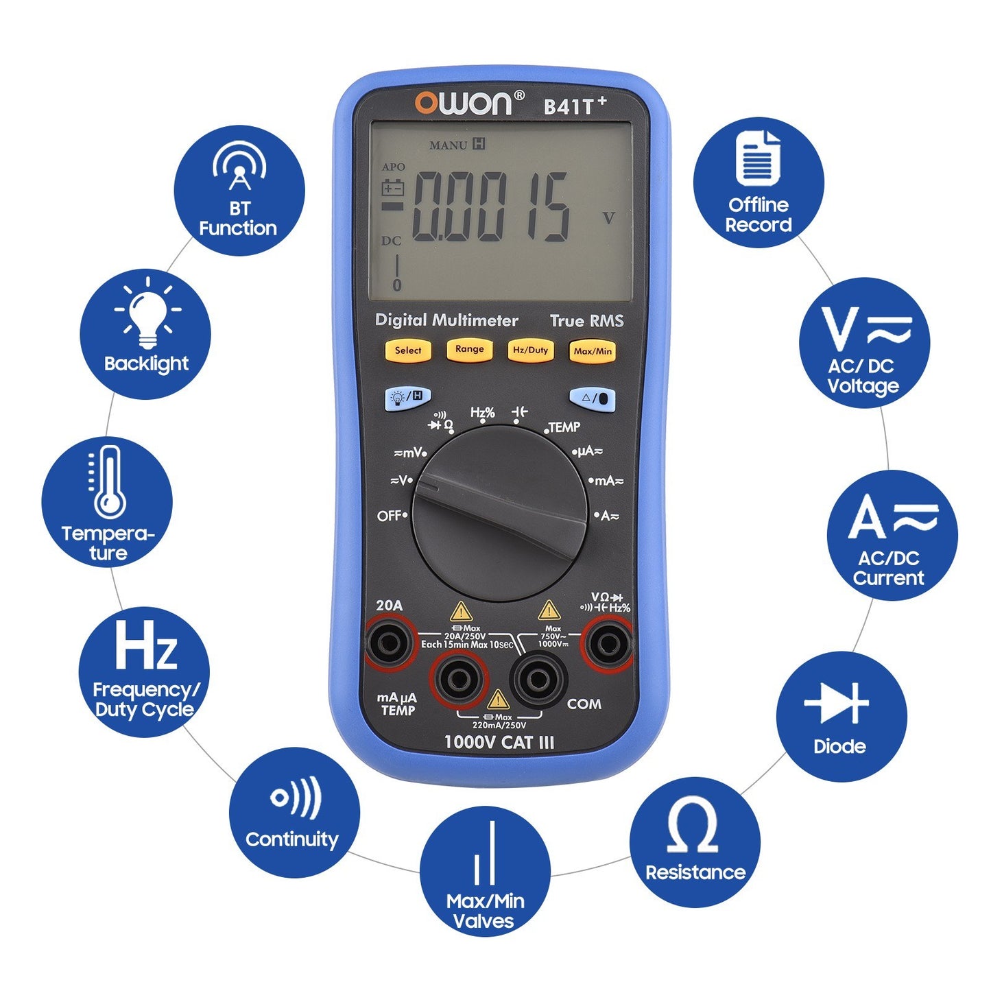 OWON B41T+ Digital Bluetooth Multimeter, 22000 Counts True RMS, Auto-ranging Electrical Tester with Backlit LCD, AC/DC Voltage & Current, Temperature, Continuity, Resistance, Frequency