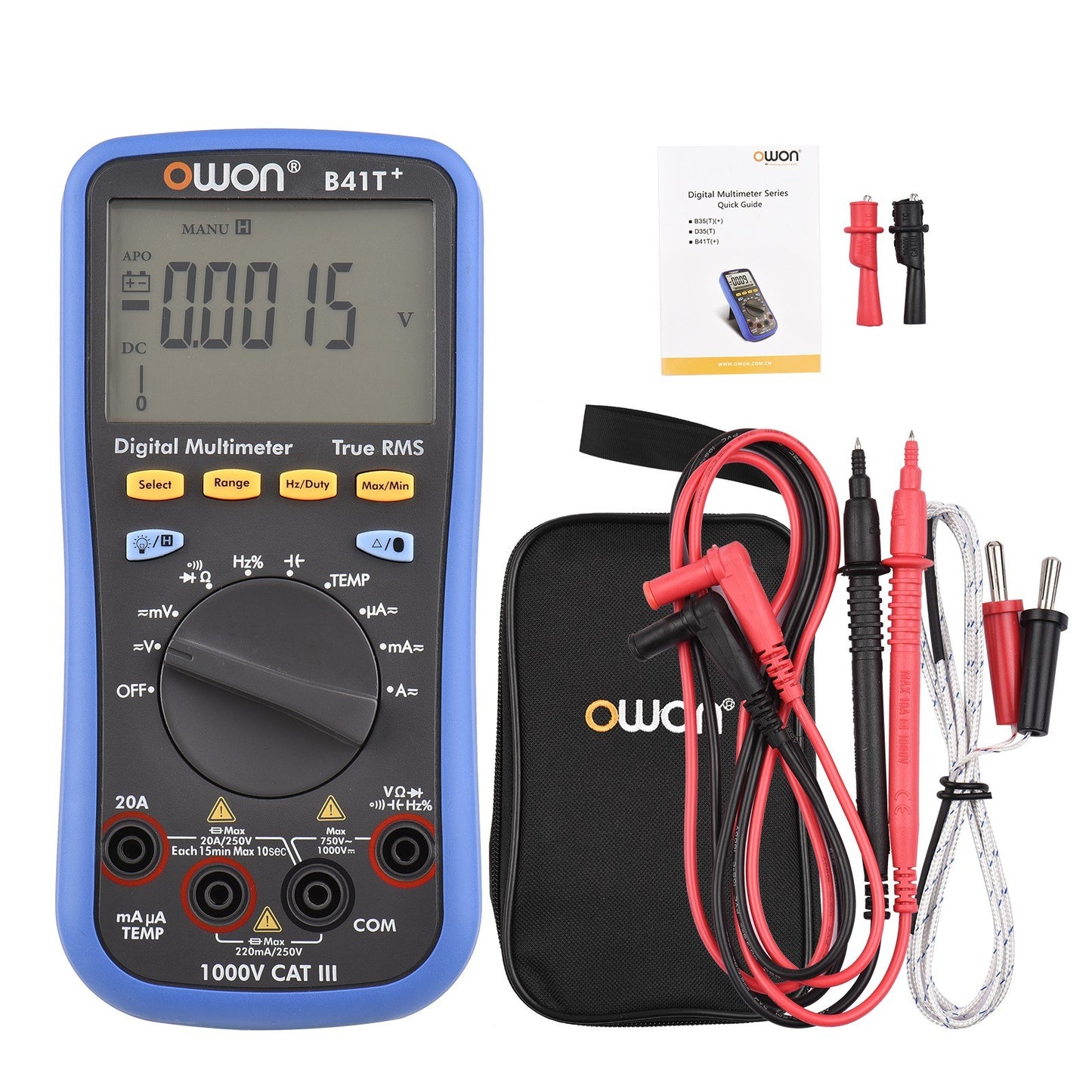 OWON B41T+ Digital Bluetooth Multimeter, 22000 Counts True RMS, Auto-ranging Electrical Tester with Backlit LCD, AC/DC Voltage & Current, Temperature, Continuity, Resistance, Frequency