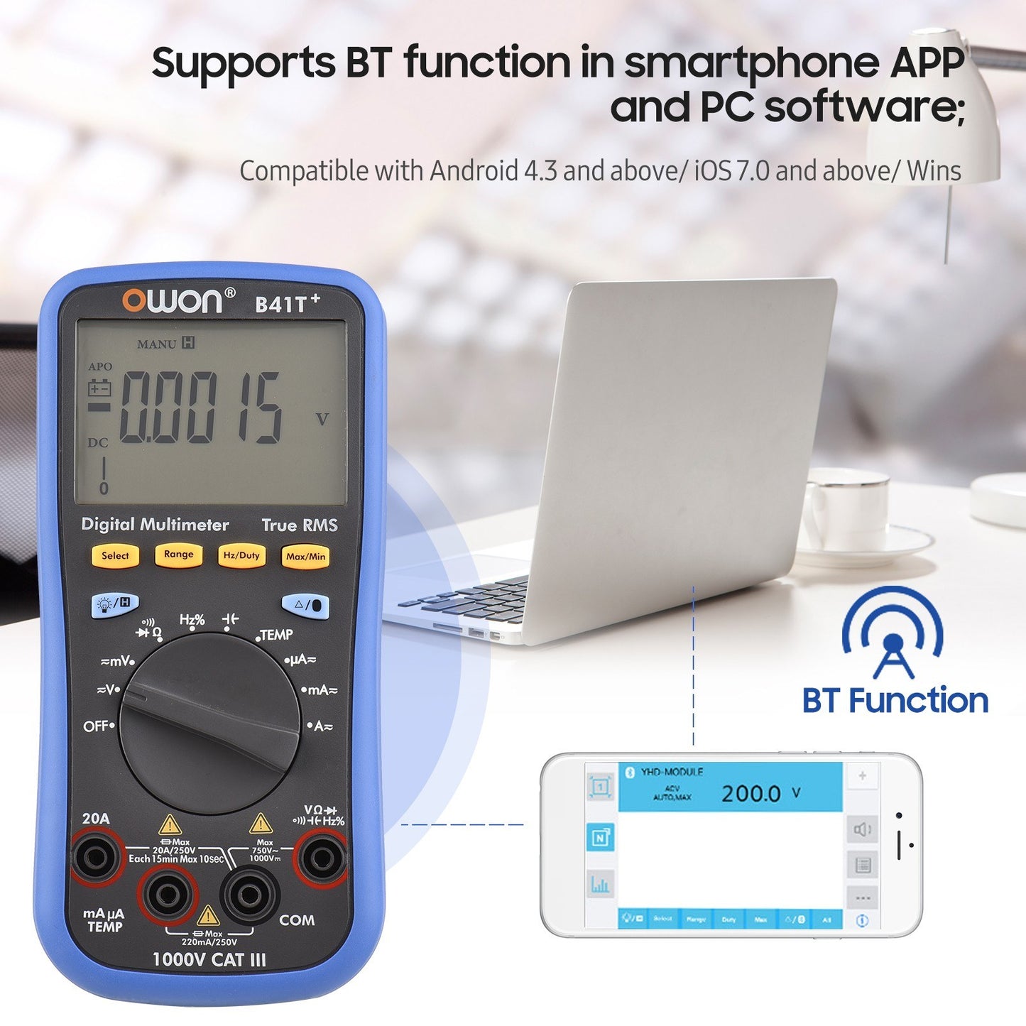 OWON B41T+ Digital Bluetooth Multimeter, 22000 Counts True RMS, Auto-ranging Electrical Tester with Backlit LCD, AC/DC Voltage & Current, Temperature, Continuity, Resistance, Frequency