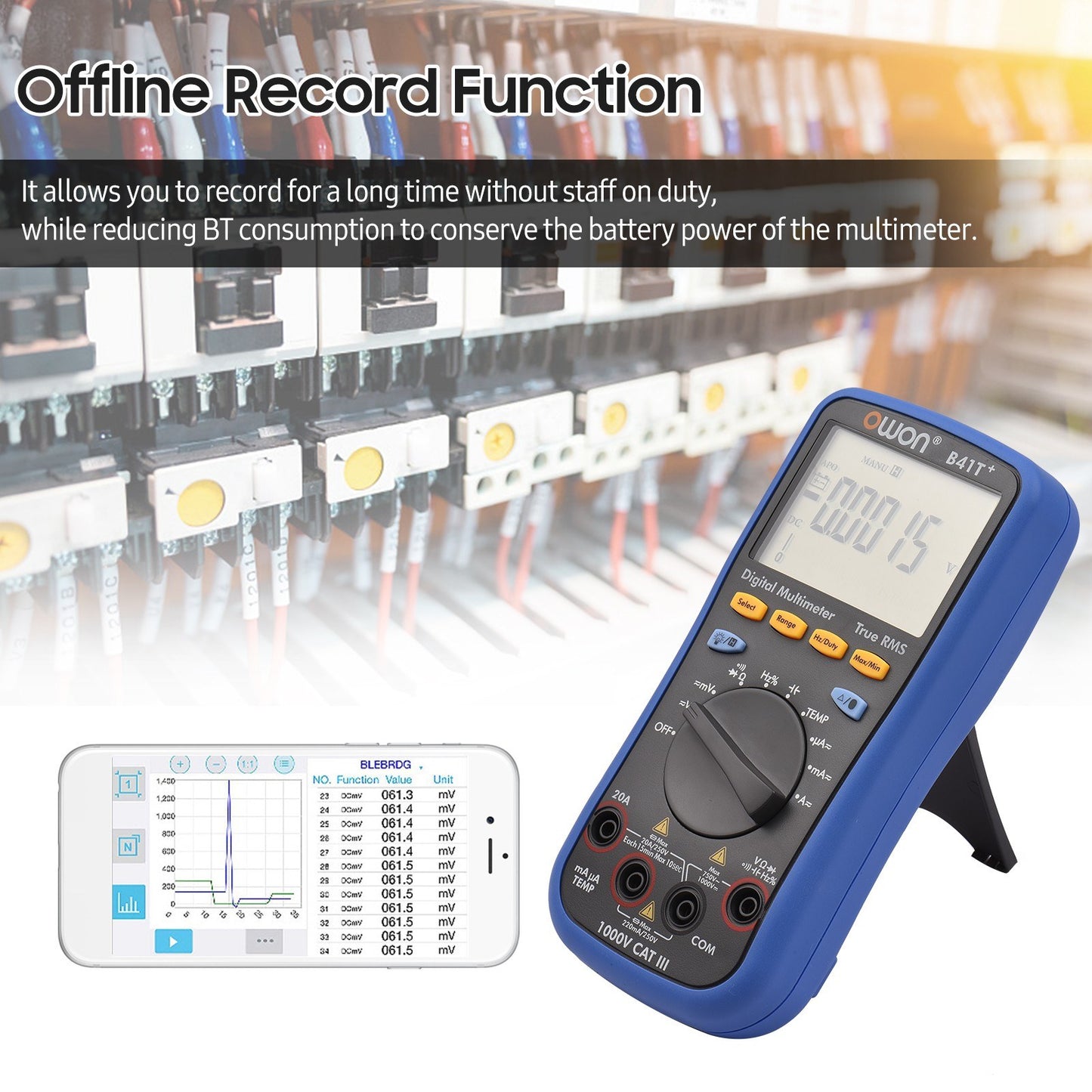 OWON B41T+ Digital Bluetooth Multimeter, 22000 Counts True RMS, Auto-ranging Electrical Tester with Backlit LCD, AC/DC Voltage & Current, Temperature, Continuity, Resistance, Frequency