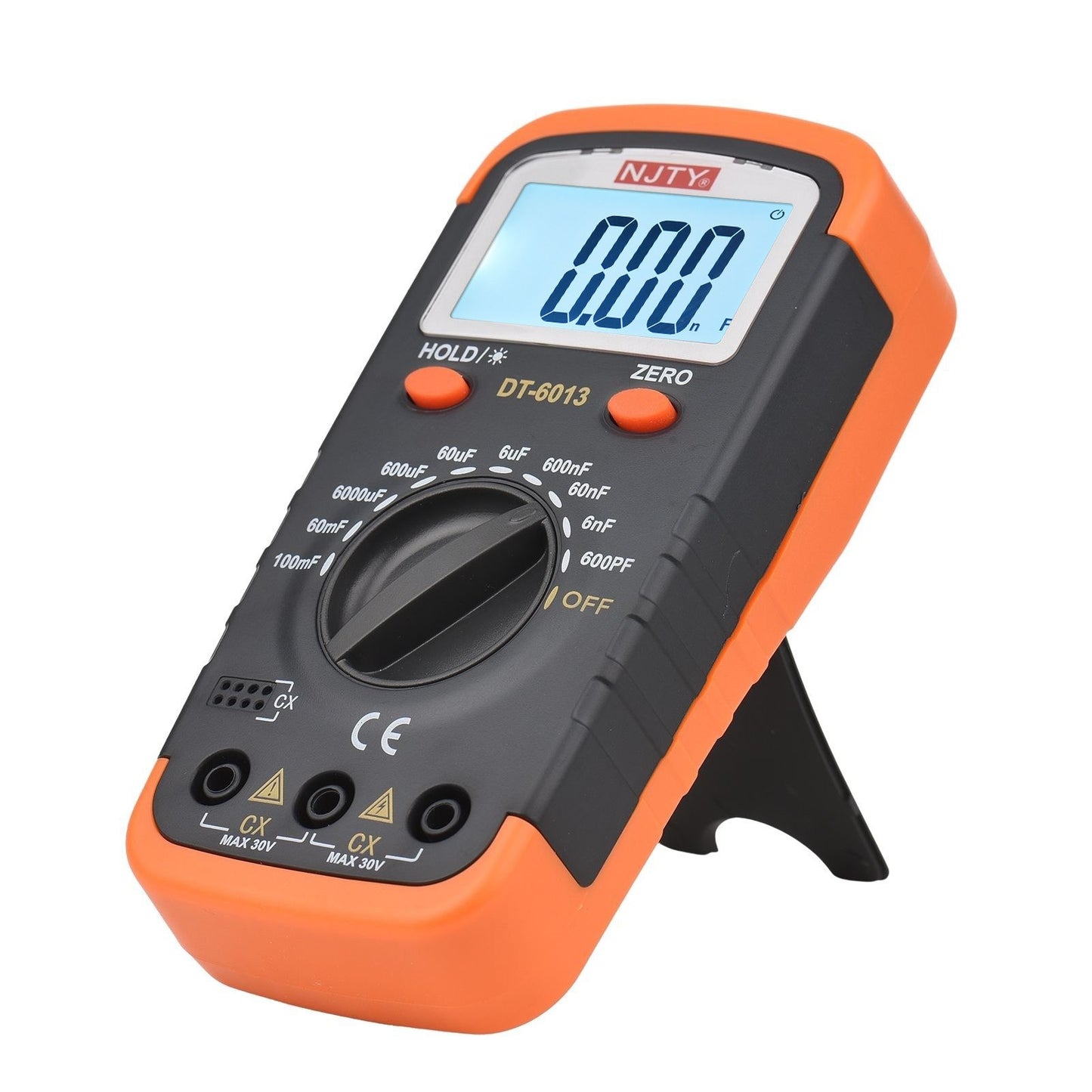 NJTY High Accuracy Digital Capacitance Meter 6000 Counts, 600pF to 100mF with LCD Backlight, Crocodile Clips & 0.2A Fuses