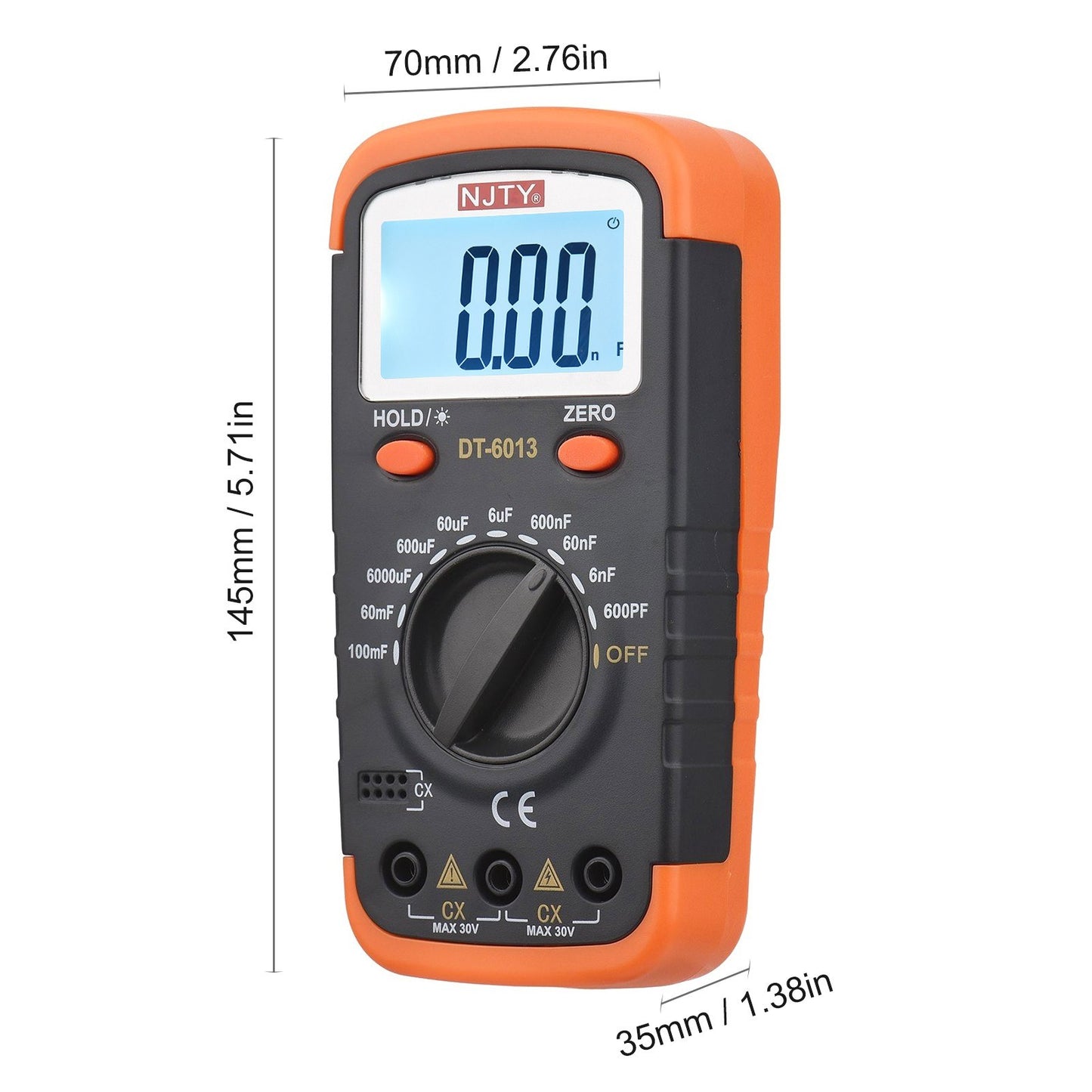 NJTY High Accuracy Digital Capacitance Meter 6000 Counts, 600pF to 100mF with LCD Backlight, Crocodile Clips & 0.2A Fuses