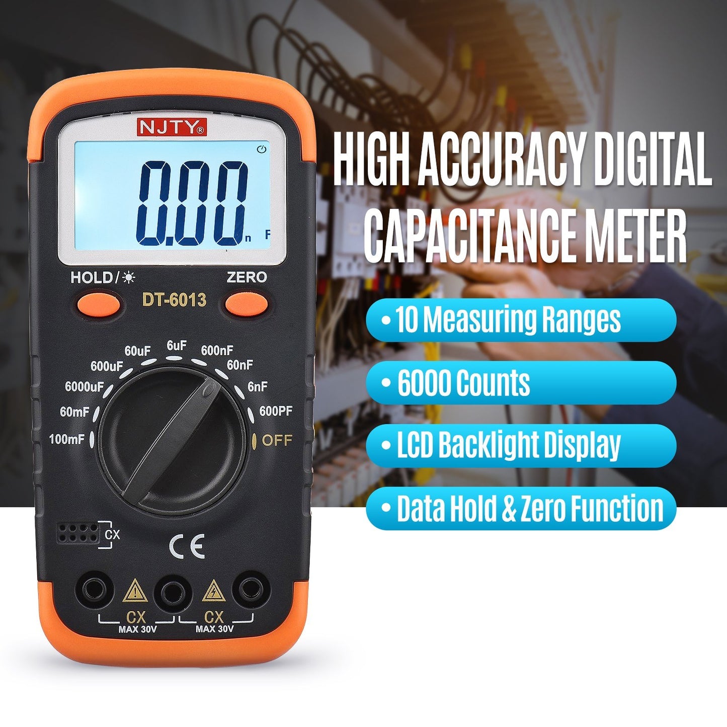 NJTY High Accuracy Digital Capacitance Meter 6000 Counts, 600pF to 100mF with LCD Backlight, Crocodile Clips & 0.2A Fuses