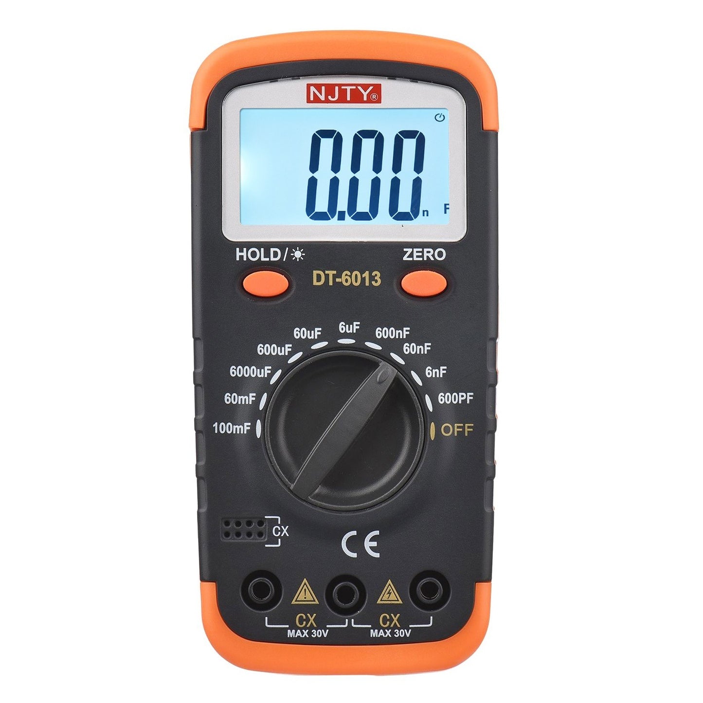 NJTY High Accuracy Digital Capacitance Meter 6000 Counts, 600pF to 100mF with LCD Backlight, Crocodile Clips & 0.2A Fuses