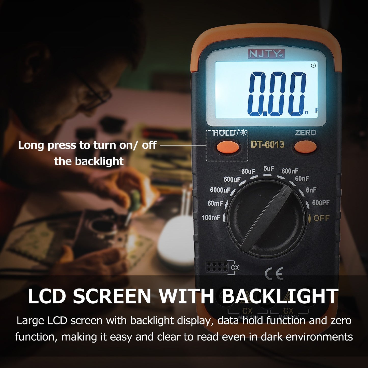 NJTY High Accuracy Digital Capacitance Meter 6000 Counts, 600pF to 100mF with LCD Backlight, Crocodile Clips & 0.2A Fuses