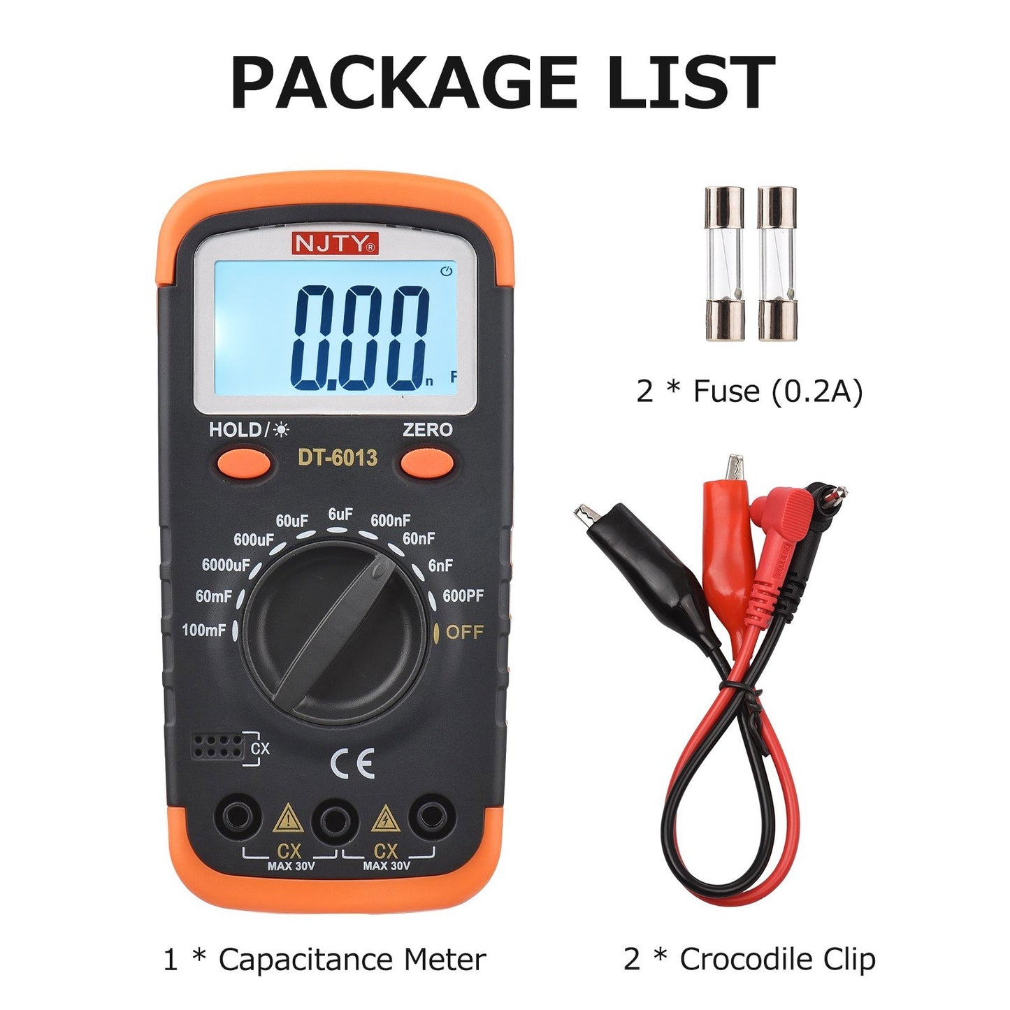 NJTY High Accuracy Digital Capacitance Meter 6000 Counts, 600pF to 100mF with LCD Backlight, Crocodile Clips & 0.2A Fuses