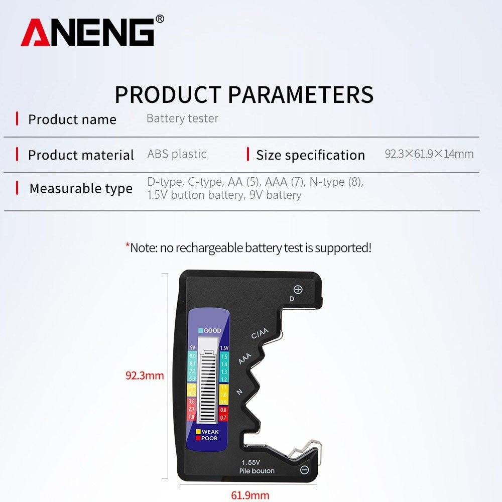 ANENG LCD Battery Tester for C D N AA AAA 9V 1.5V Button Batteries - Household Power Detector