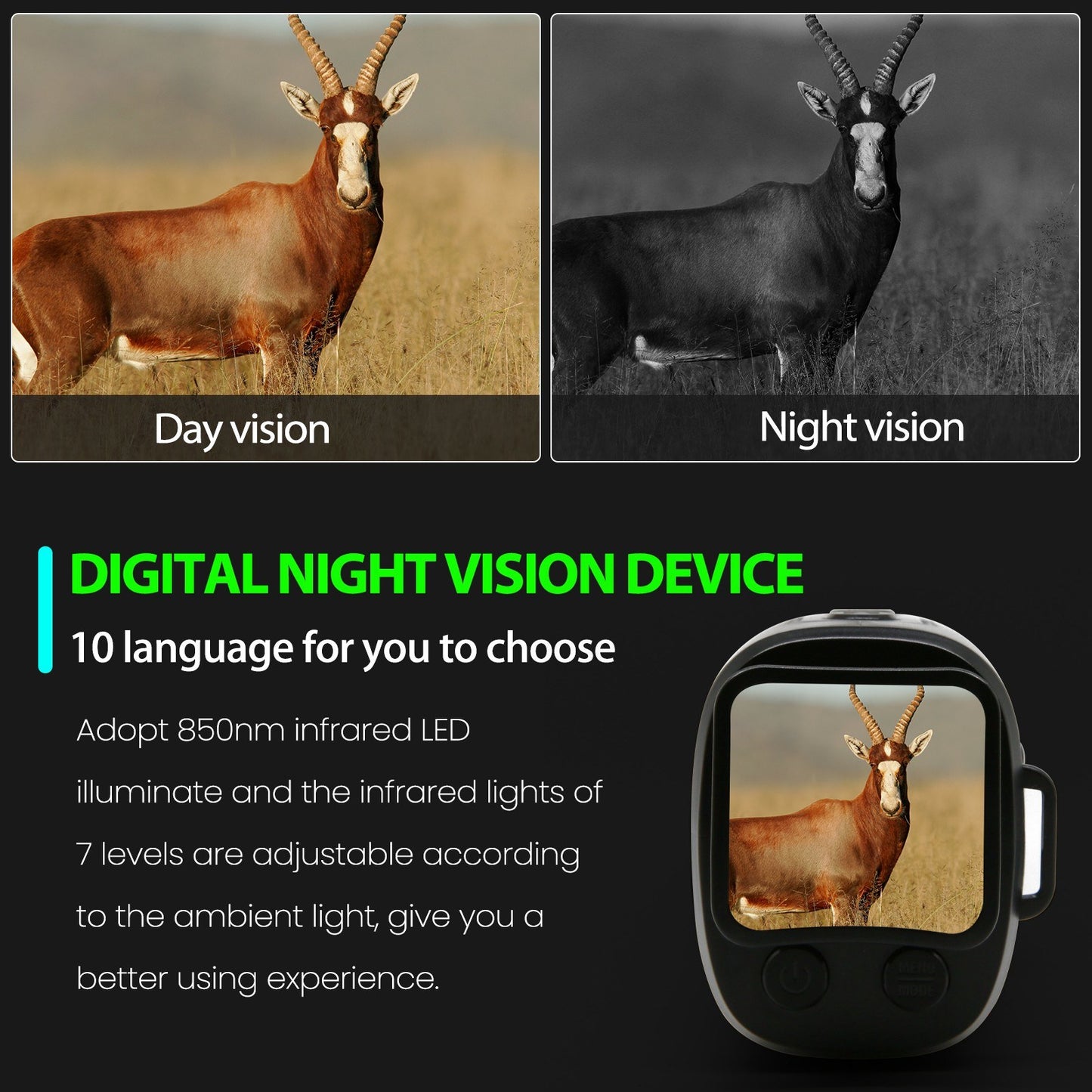Infrared Night Vision Monocular with 5X Digital Zoom, 500-1000M Range, Multi-Language Support & Media Playback