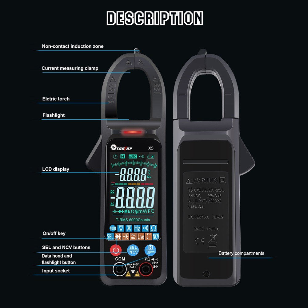 TOOLTOP X5 Portable Multifunction Clamp Meter with LCD, NCV, Auto Measurement, Flashlight - Measures AC/DC Current, Voltage, Resistance, Capacitance, Temperature, Frequency, Diodes (℃/℉)