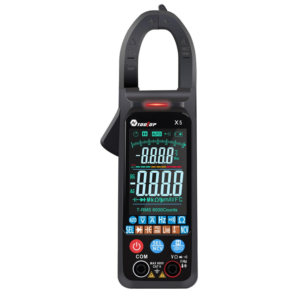 TOOLTOP X5 Portable Multifunction Clamp Meter with LCD, NCV, Auto Measurement, Flashlight - Measures AC/DC Current, Voltage, Resistance, Capacitance, Temperature, Frequency, Diodes (℃/℉)