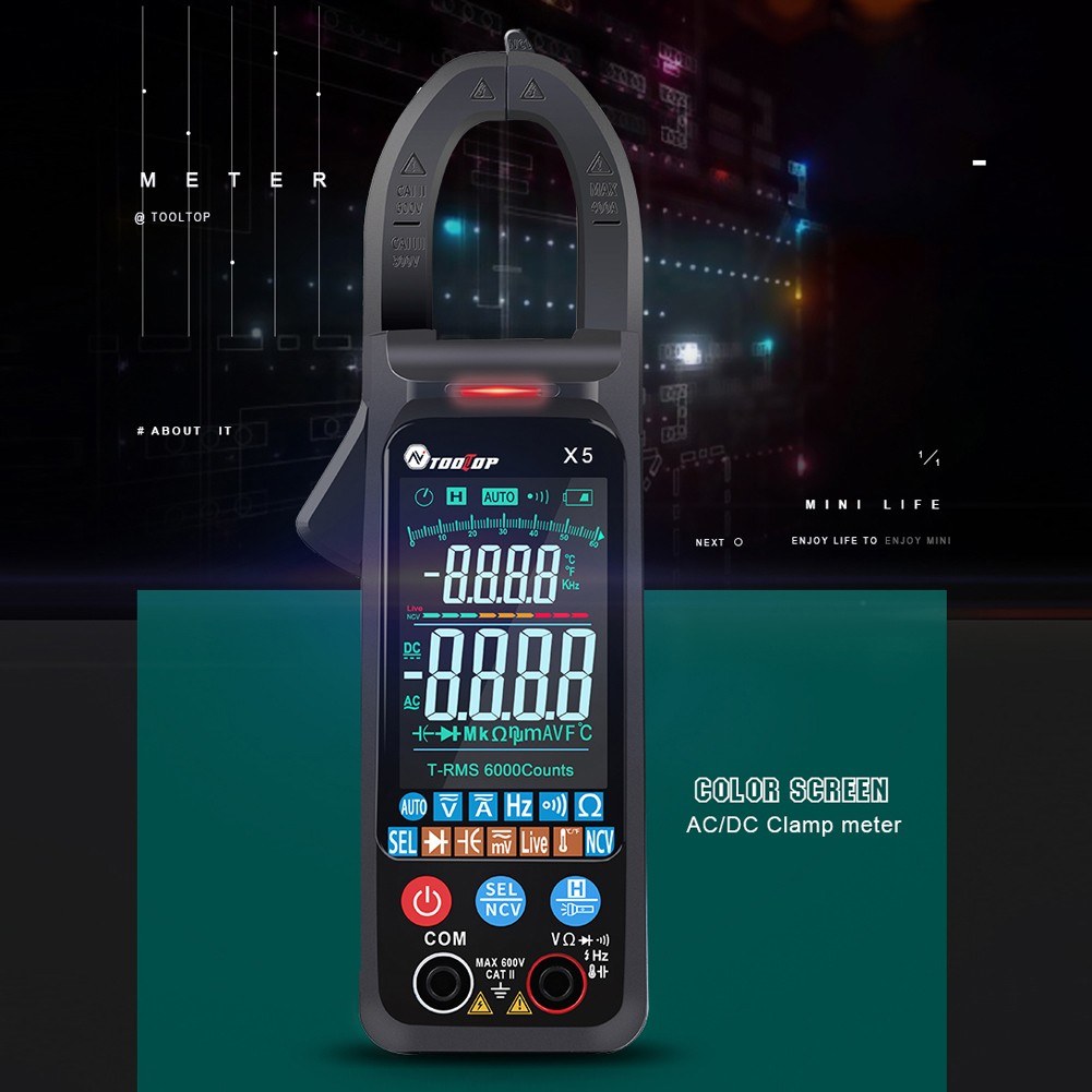 TOOLTOP X5 Portable Multifunction Clamp Meter with LCD, NCV, Auto Measurement, Flashlight - Measures AC/DC Current, Voltage, Resistance, Capacitance, Temperature, Frequency, Diodes (℃/℉)