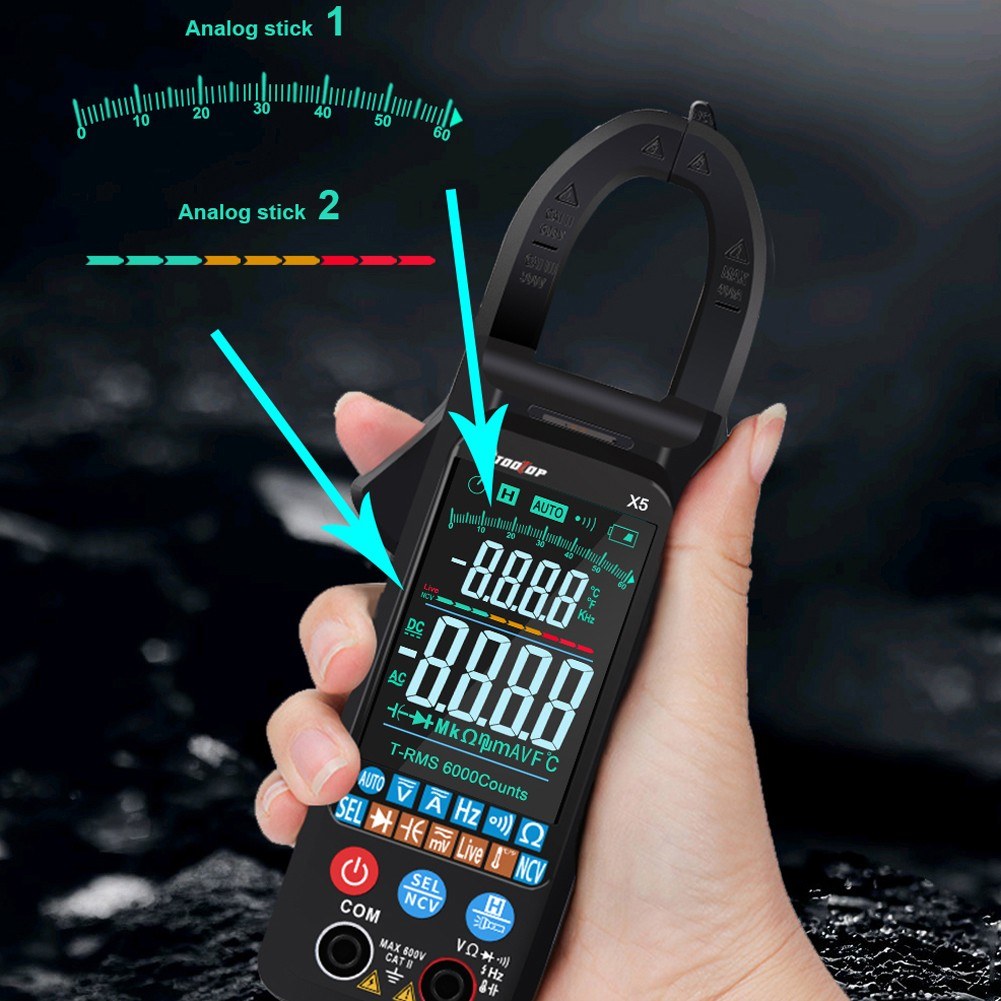 TOOLTOP X5 Portable Multifunction Clamp Meter with LCD, NCV, Auto Measurement, Flashlight - Measures AC/DC Current, Voltage, Resistance, Capacitance, Temperature, Frequency, Diodes (℃/℉)