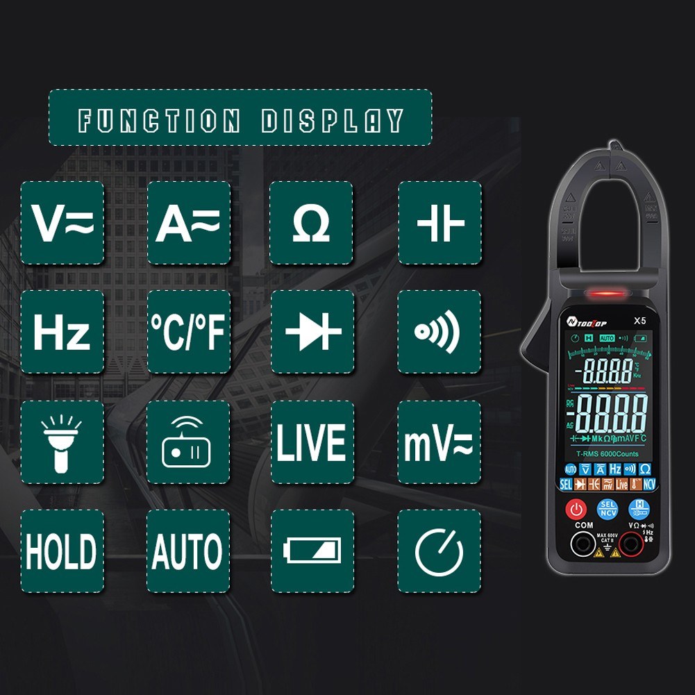 TOOLTOP X5 Portable Multifunction Clamp Meter with LCD, NCV, Auto Measurement, Flashlight - Measures AC/DC Current, Voltage, Resistance, Capacitance, Temperature, Frequency, Diodes (℃/℉)
