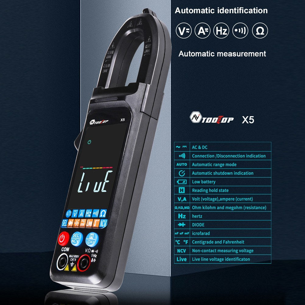 TOOLTOP X5 Portable Multifunction Clamp Meter with LCD, NCV, Auto Measurement, Flashlight - Measures AC/DC Current, Voltage, Resistance, Capacitance, Temperature, Frequency, Diodes (℃/℉)