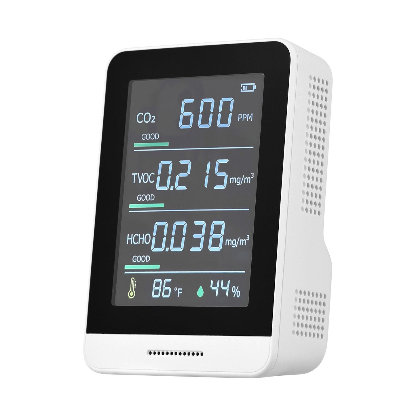 5-in-1 Air Quality Monitor & CO2 Detector - Accurate IR Tester for CO2, TVOC, HCHO, Temperature & Humidity with Real-Time Reading, Alarm & Comfort Level Display + Lanyard