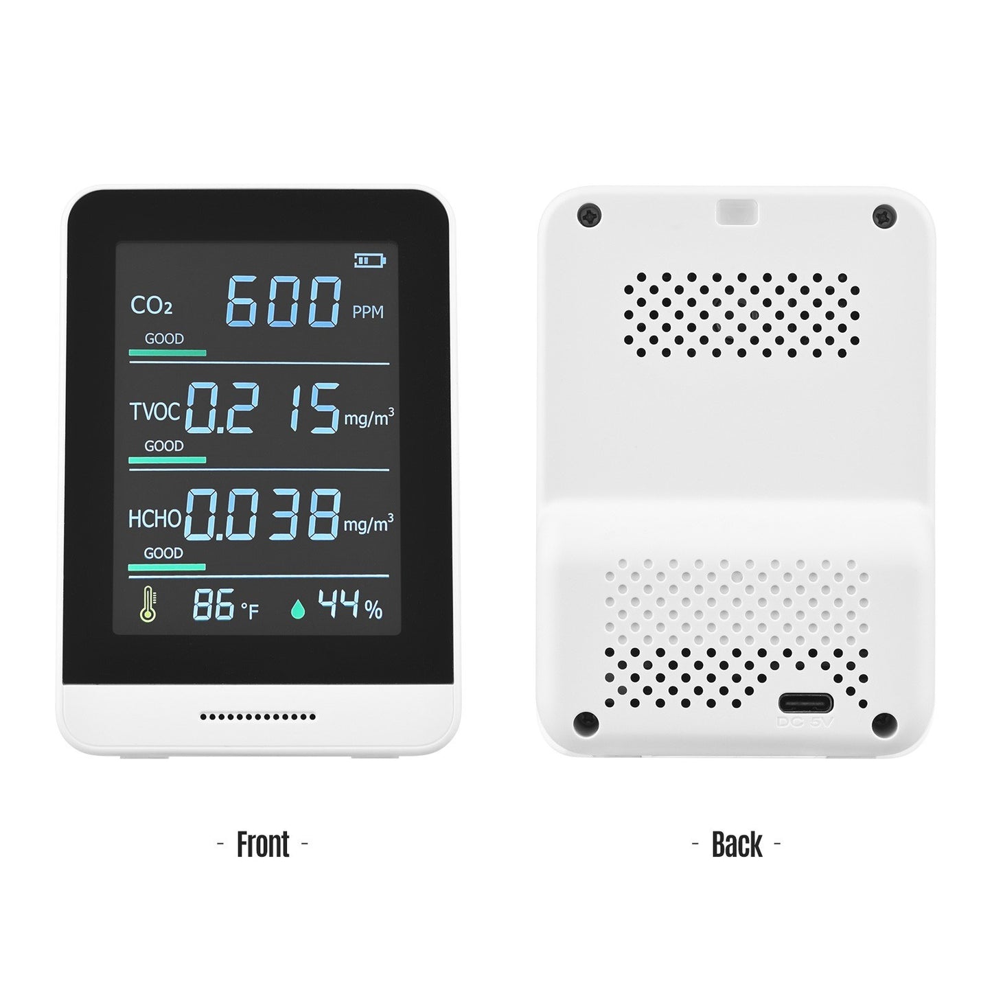 5-in-1 Air Quality Monitor & CO2 Detector - Accurate IR Tester for CO2, TVOC, HCHO, Temperature & Humidity with Real-Time Reading, Alarm & Comfort Level Display + Lanyard