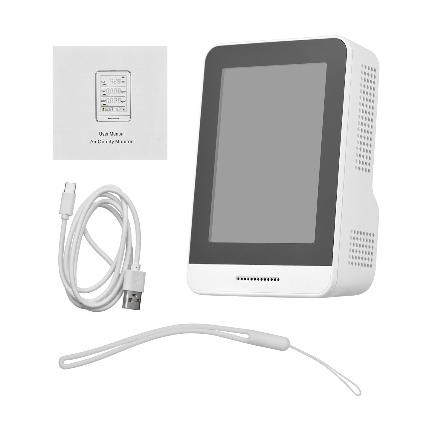 5-in-1 Air Quality Monitor & CO2 Detector - Accurate IR Tester for CO2, TVOC, HCHO, Temperature & Humidity with Real-Time Reading, Alarm & Comfort Level Display + Lanyard