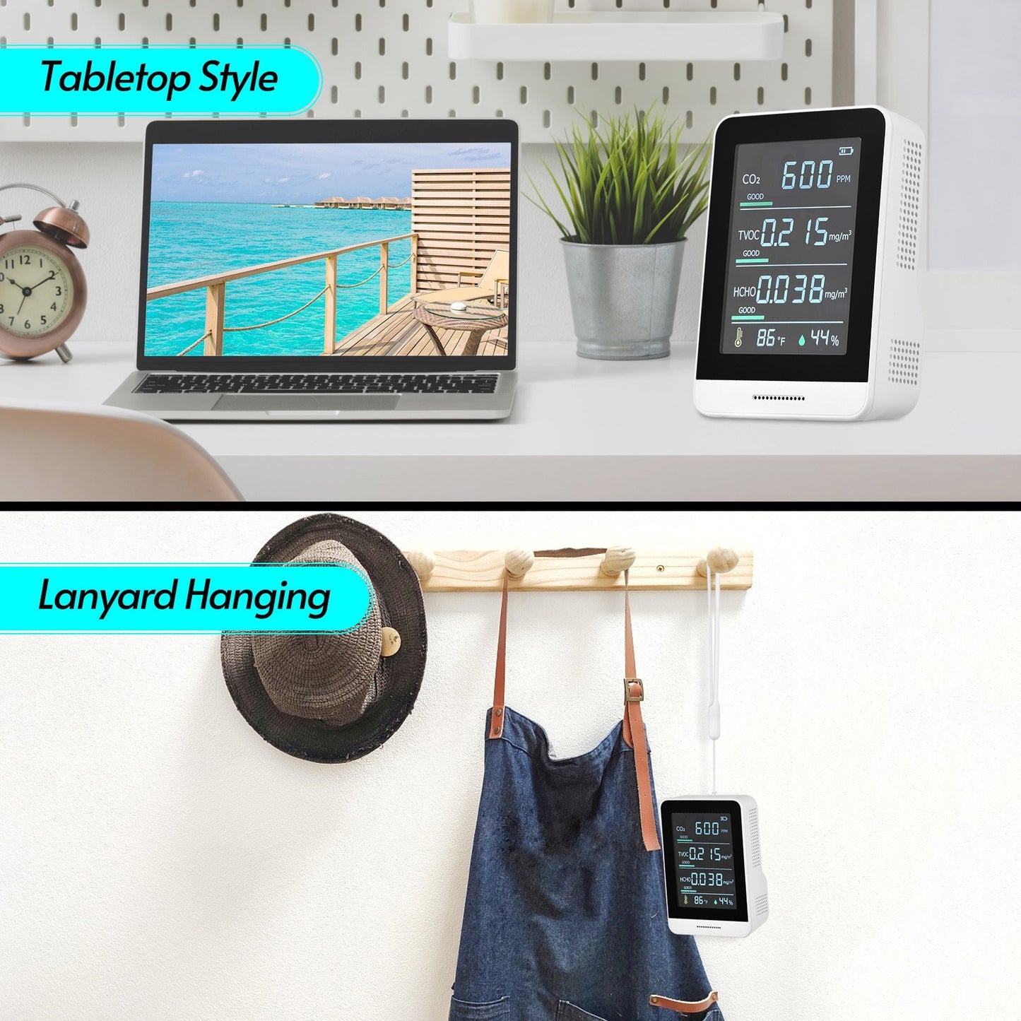 5-in-1 Air Quality Monitor & CO2 Detector - Accurate IR Tester for CO2, TVOC, HCHO, Temperature & Humidity with Real-Time Reading, Alarm & Comfort Level Display + Lanyard