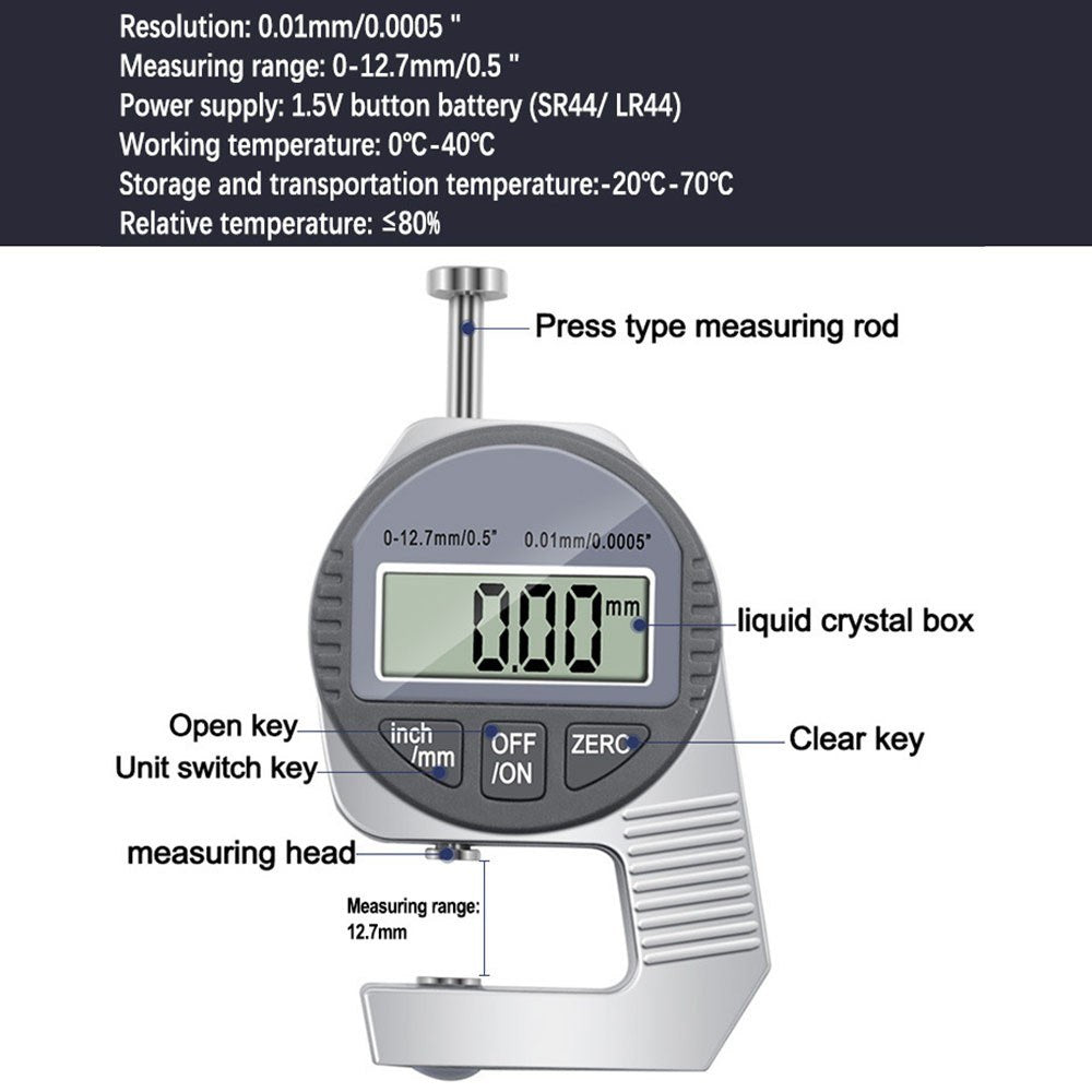 Mini Digital Thickness Gauge Micrometer, 0-0.5 Inch/0-12.7mm, Inch/Metric Measuring Tool with Protective Case
