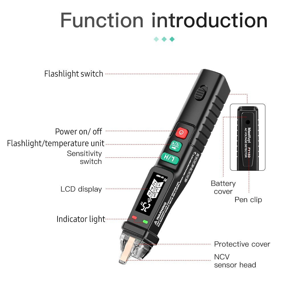 Mastfuyi FY18D Non-contact AC Voltage Tester, Dual Range 12V-1000V/48V-1000V, NCV Measuring Pen with LCD Display, Flashlight & Alarm Buzzer