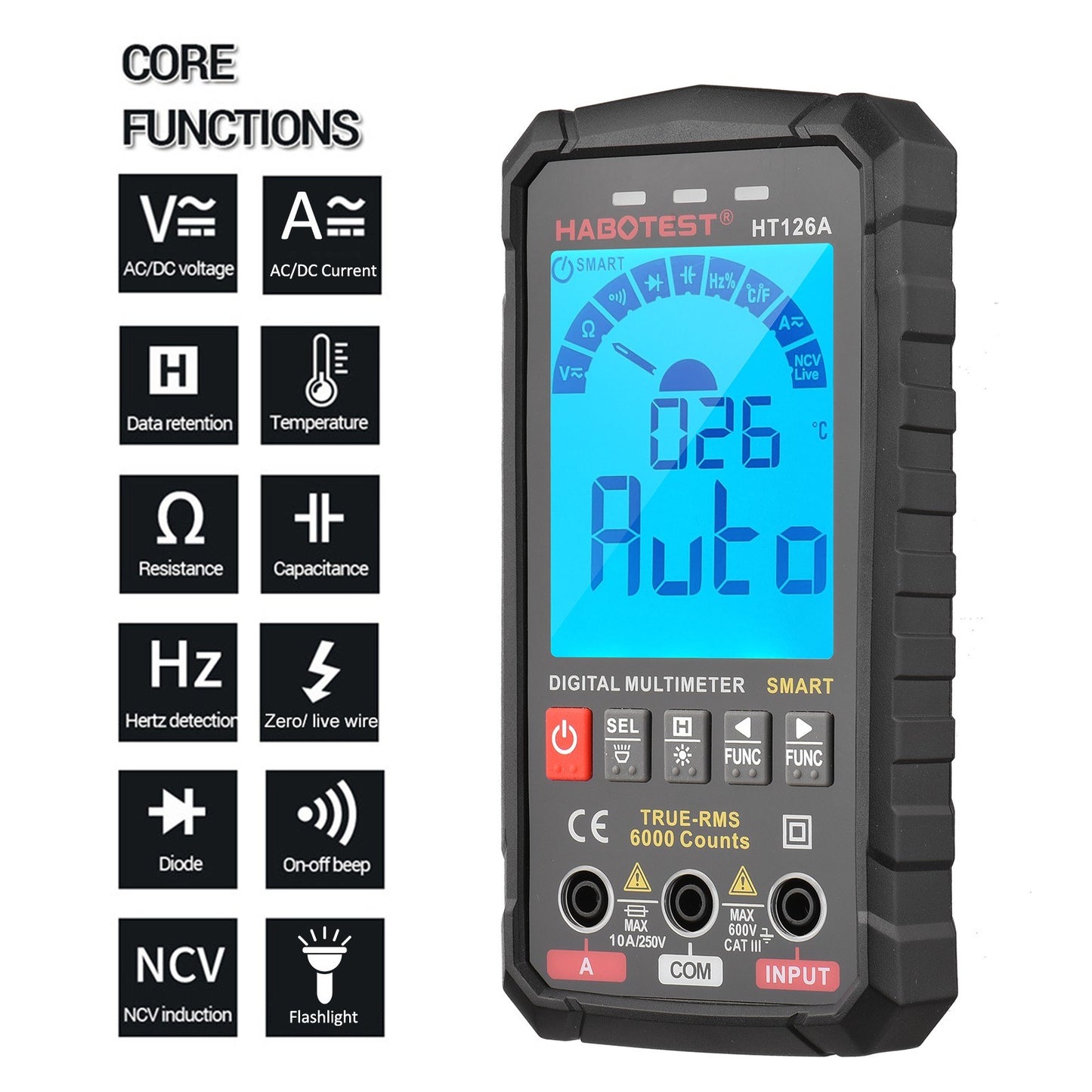 Smart Digital Multimeter 6000 Counts True RMS Auto-ranging, Color Screen - HABOTEST HT126B