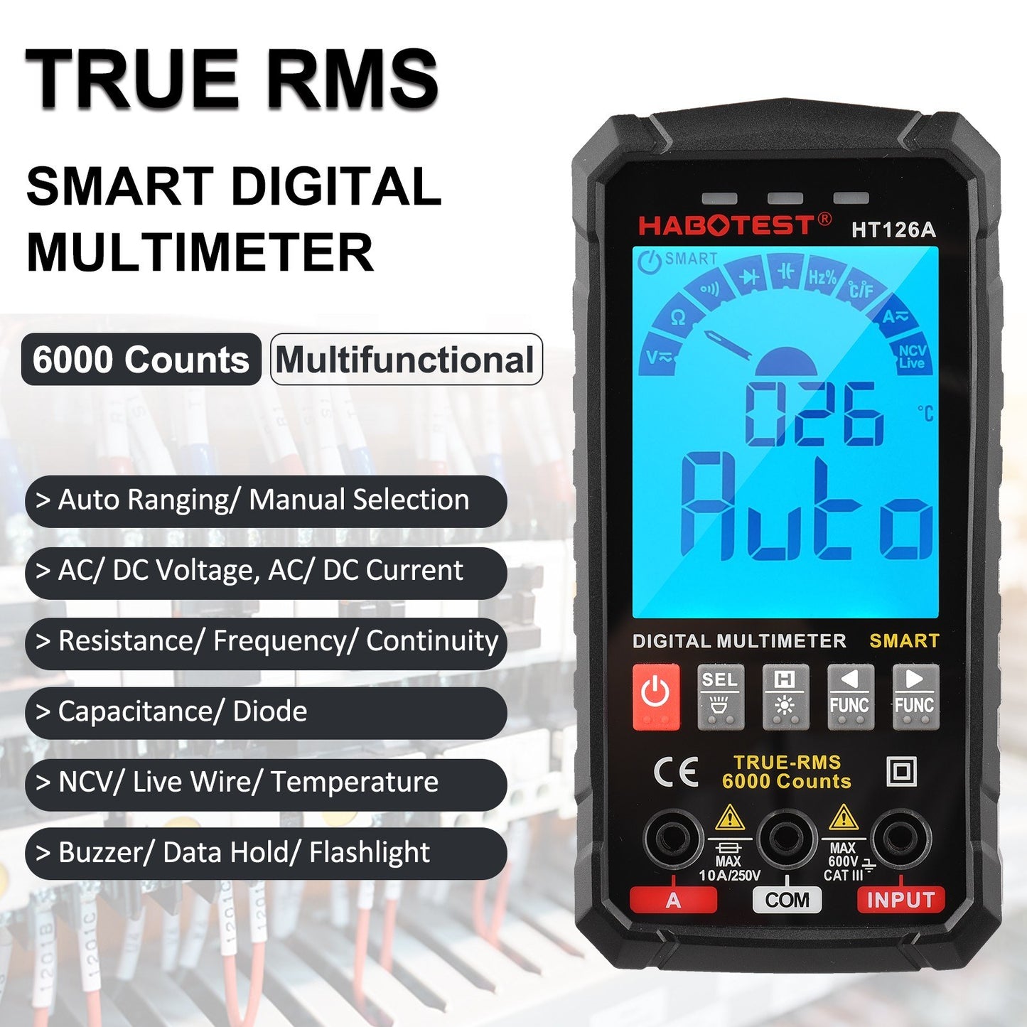 Smart Digital Multimeter 6000 Counts True RMS Auto-ranging, Color Screen - HABOTEST HT126B