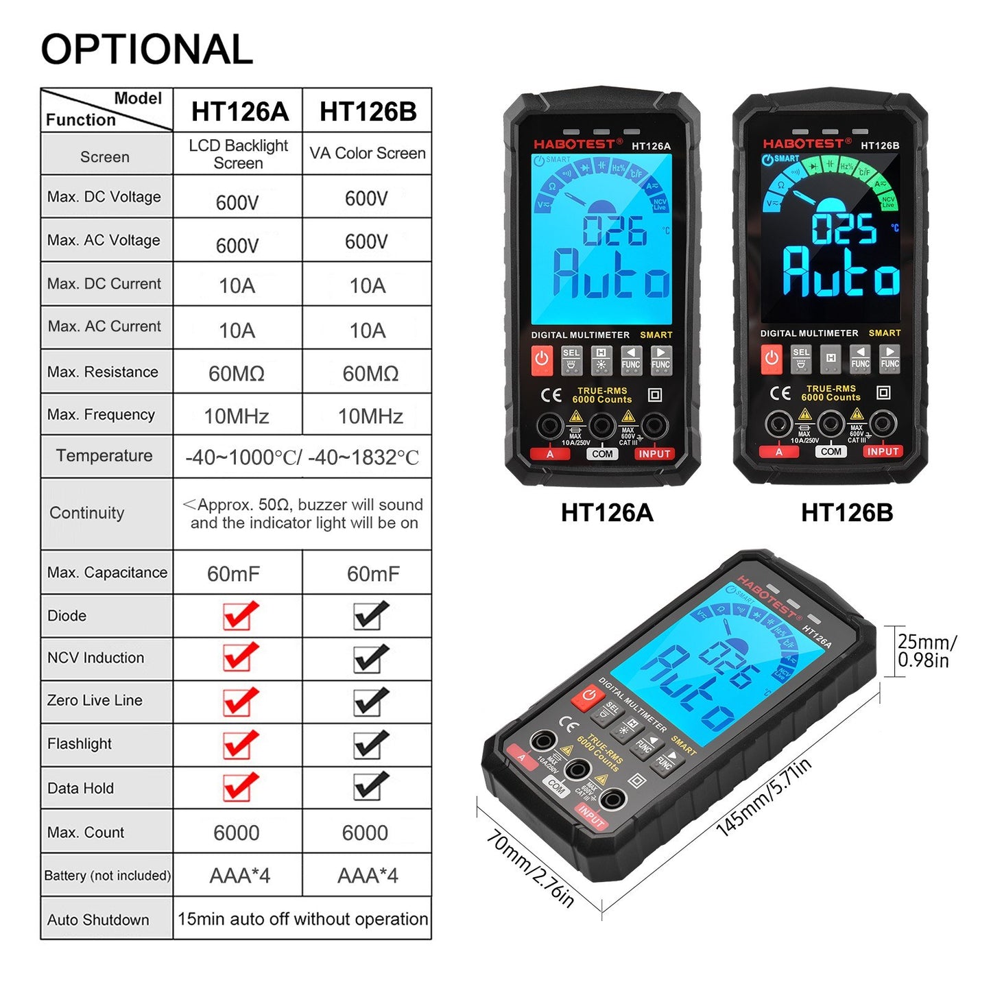 Smart Digital Multimeter 6000 Counts True RMS Auto-ranging, Color Screen - HABOTEST HT126B