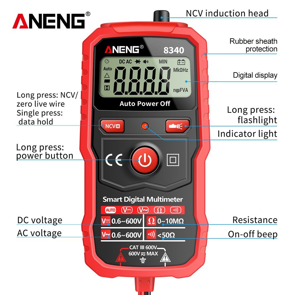 ANENG 8340 Smart Digital Multimeter - 1999 Counts, Auto Recognition, Backlit Screen, NCV Induction, AC/DC Voltage & Resistance Tester