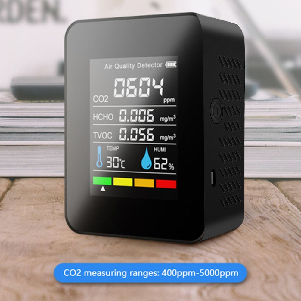 Multifunctional Air Quality Detector: CO2, TVOC, HCHO, Temperature & Humidity Display with Alarm