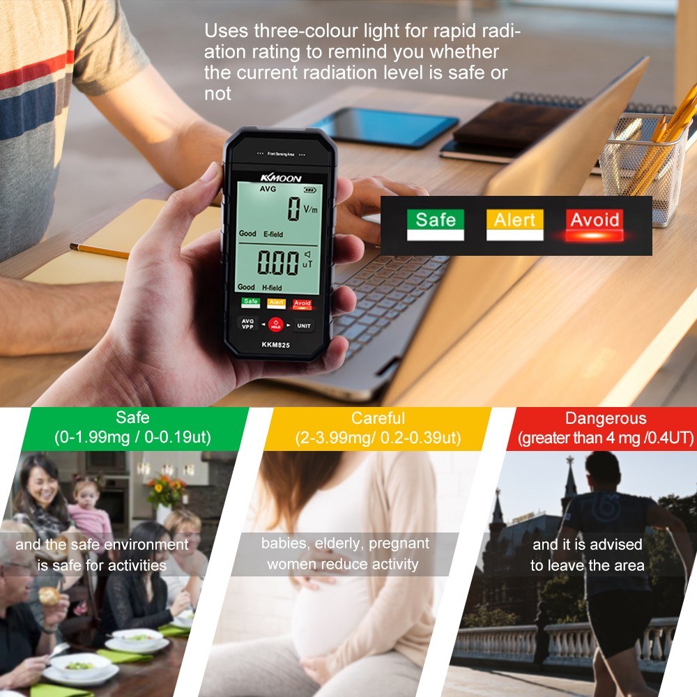 KKmoon Handheld EMF Radiation Detector, Large LCD, Data Hold, Alarm, 3-Color Indicator for Electric & Magnetic Fields, Multi-Function for Home, Office, Outdoor Use