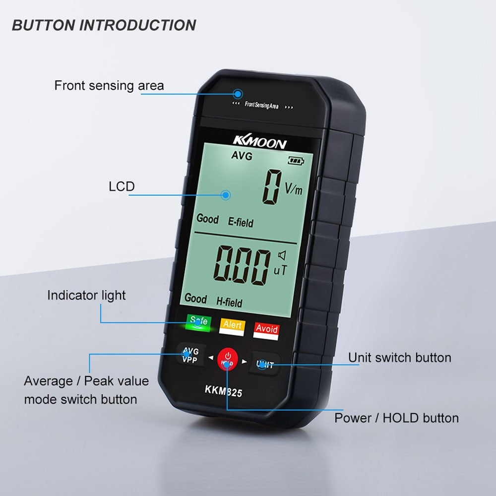 KKmoon Handheld EMF Radiation Detector, Large LCD, Data Hold, Alarm, 3-Color Indicator for Electric & Magnetic Fields, Multi-Function for Home, Office, Outdoor Use